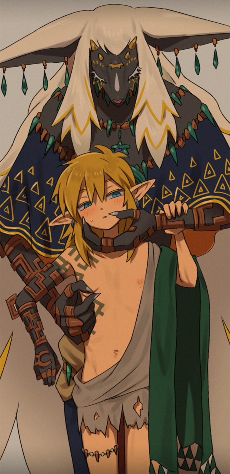 2boys belly_button blonde_hair blush elf_ears gay half_naked hand_on_chin hylian hylian_ears kokekokeimo link long_hair male male/male male_focus male_only nipple_pinch nipple_play nipples pinching_nipples pointy_ears rauru_(tears_of_the_kingdom) size_difference tears_of_the_kingdom the_legend_of_zelda yaoi zonai