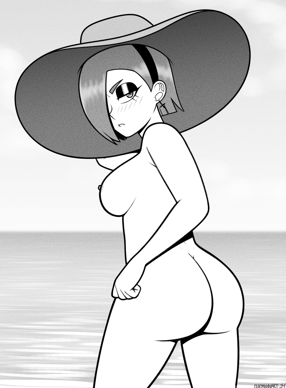 1girls ass beach breasts casual female headwear human monochrome nude nudist pale_skin rita_(herny) tagme walkingdeadmann