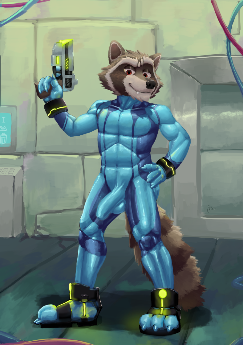 2019 3_toes 4_fingers anthro archiblender athletic balls biped black_nose bodysuit brown_fur bulge claws clothed clothing erection fangs feet finger_claws fluffy fluffy_tail front_view full_body fully_clothed fur guardians_of_the_galaxy gun looking_at_viewer male male_focus male_only mammal marvel metroid muscular muscular_male navel nintendo penis penis_outline plantigrade pose procyonid raccoon ranged_weapon red_eyes rocket_raccoon smile snout solo standing teeth tight_clothing toe_claws toes video_games weapon zero_suit