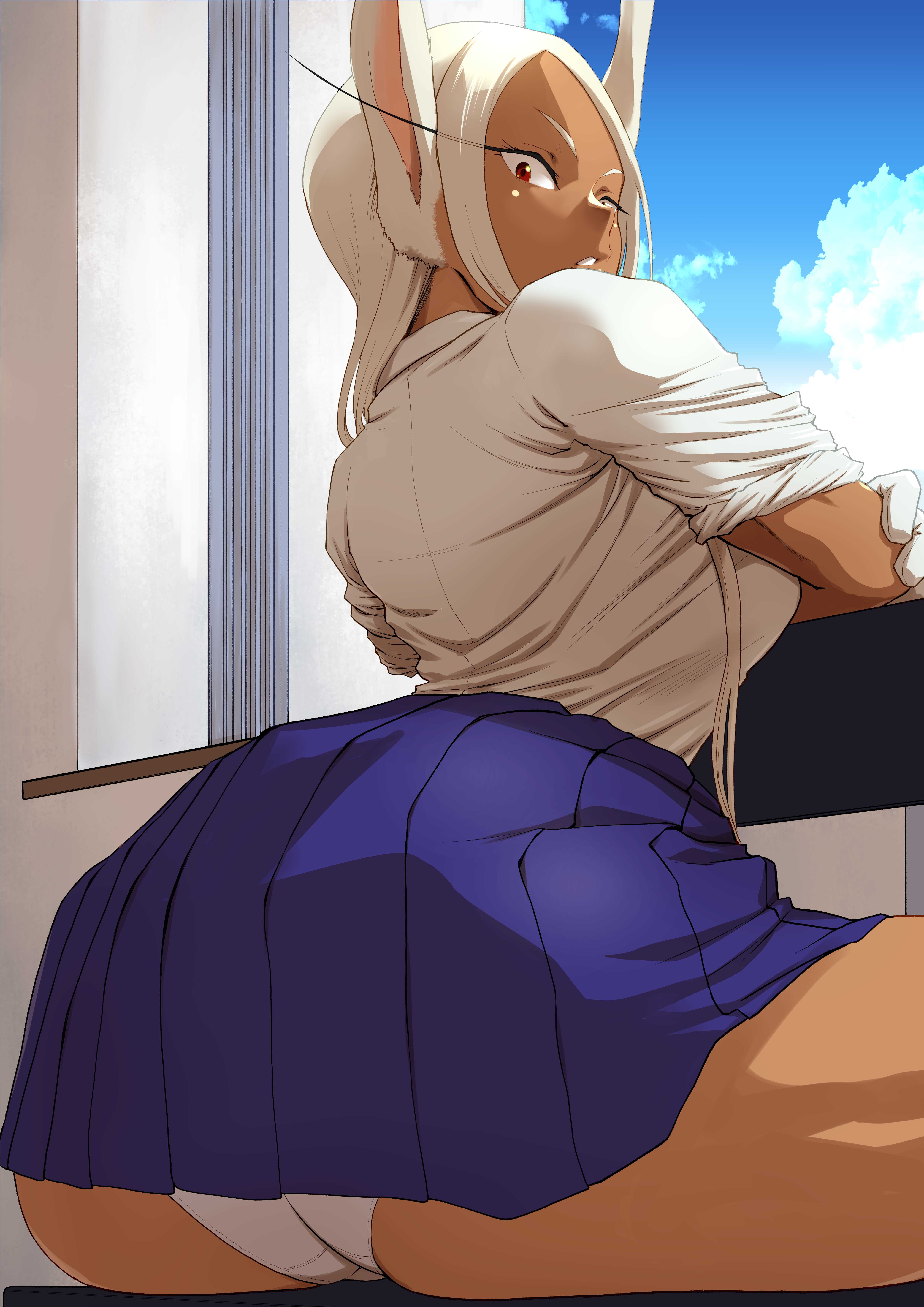 1girls, animal ears, ass, ass focus, big ass, blue skirt, bottomwear, bunny ears, chair, clothing, damos (child flame), female, female only, hair, long hair, looking back, miruko, my hero academia, panties, red eyes, rumi usagiyama, shirt, skirt, solo, solo female, topwear, white hair, white panties, white shirt