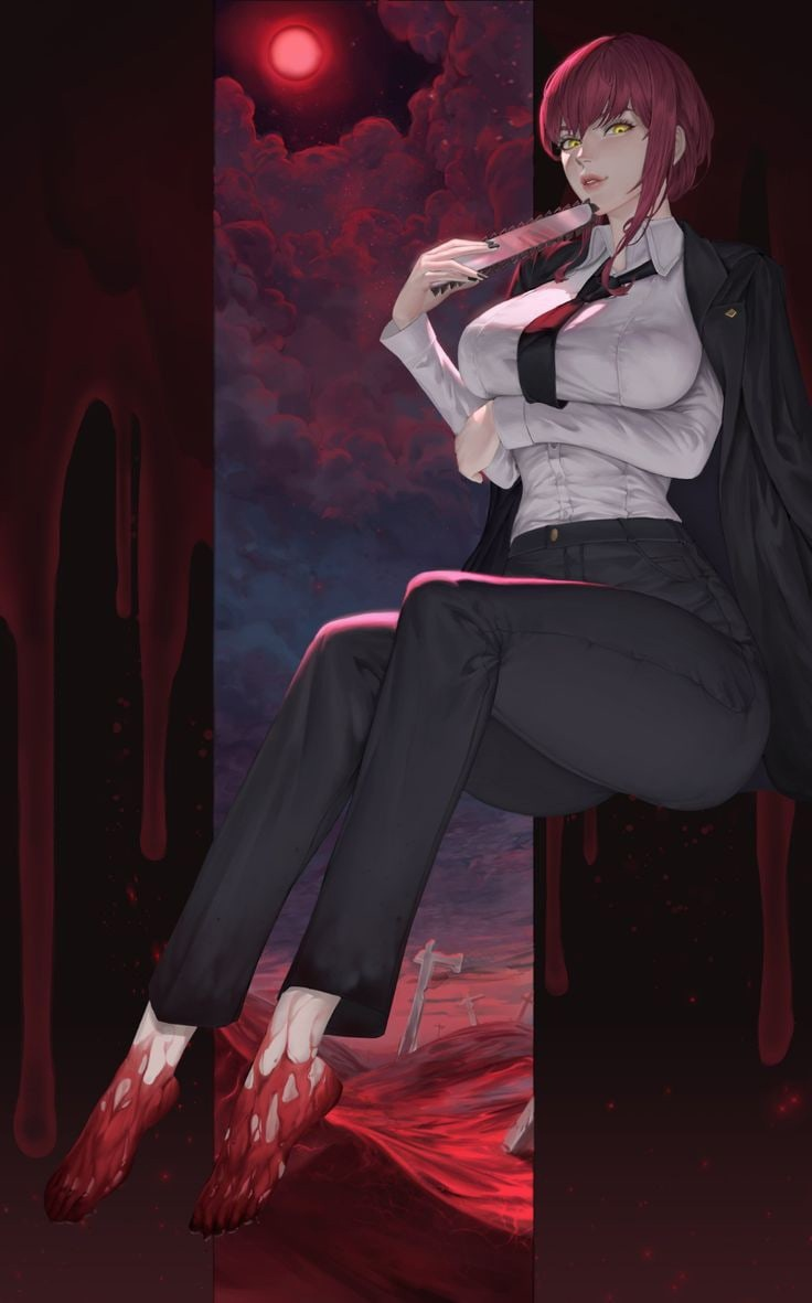 big_breasts blood blood_on_feet bloody_feet cemetery chainsaw_man clouds dressed feet foot_fetish makima_(chainsaw_man) red_eyes toes white_shirt yellow_eyes