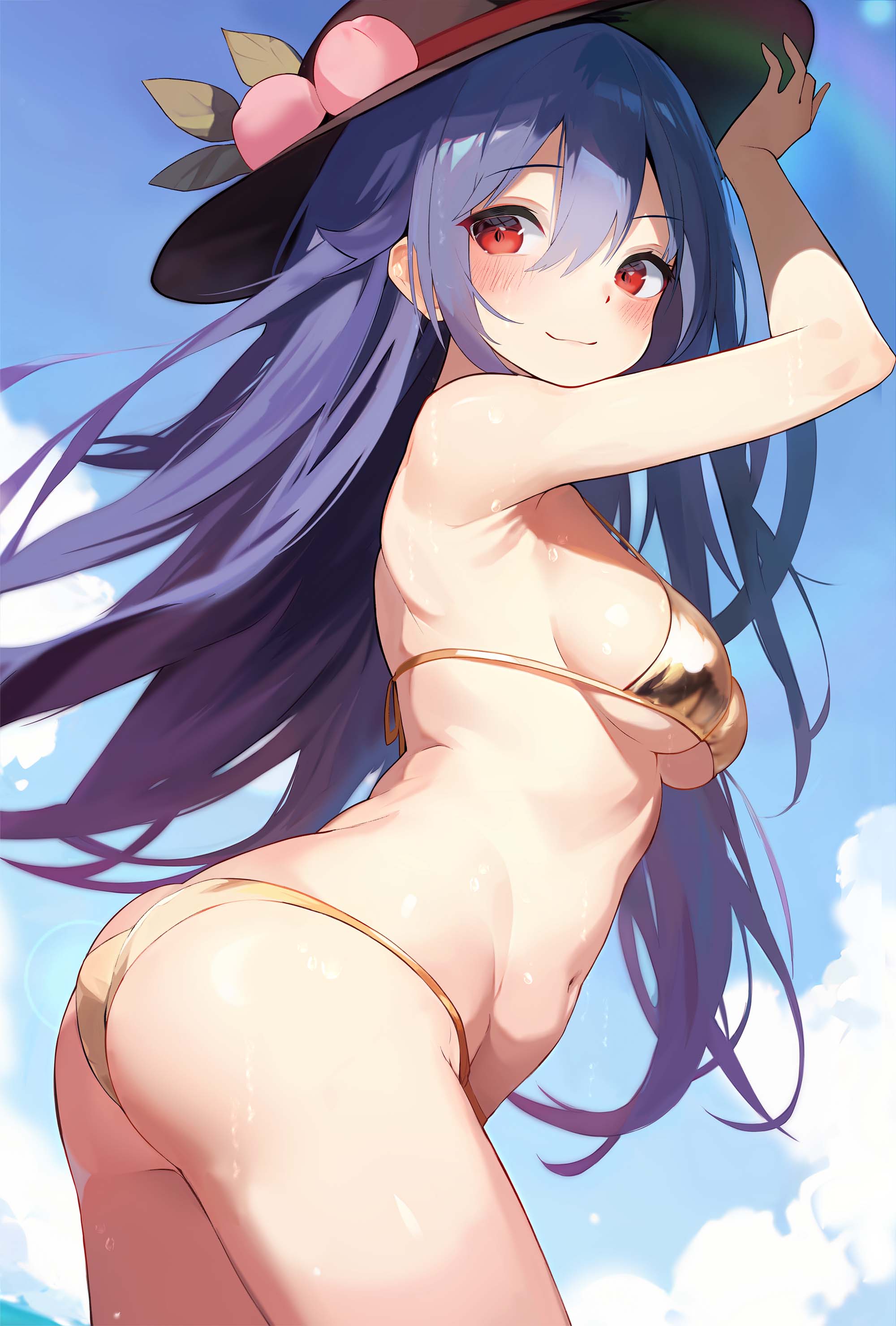 1girls absurdres bikini black_hat blue_hair blush bovine breasts cloud female gold_bikini hat highres hinanawi_tenshi long_hair looking_at_viewer medium_breasts navel red_eyes solo solo_female swimsuit tenshi_hinanawi tetsurou_(fe+) touhou