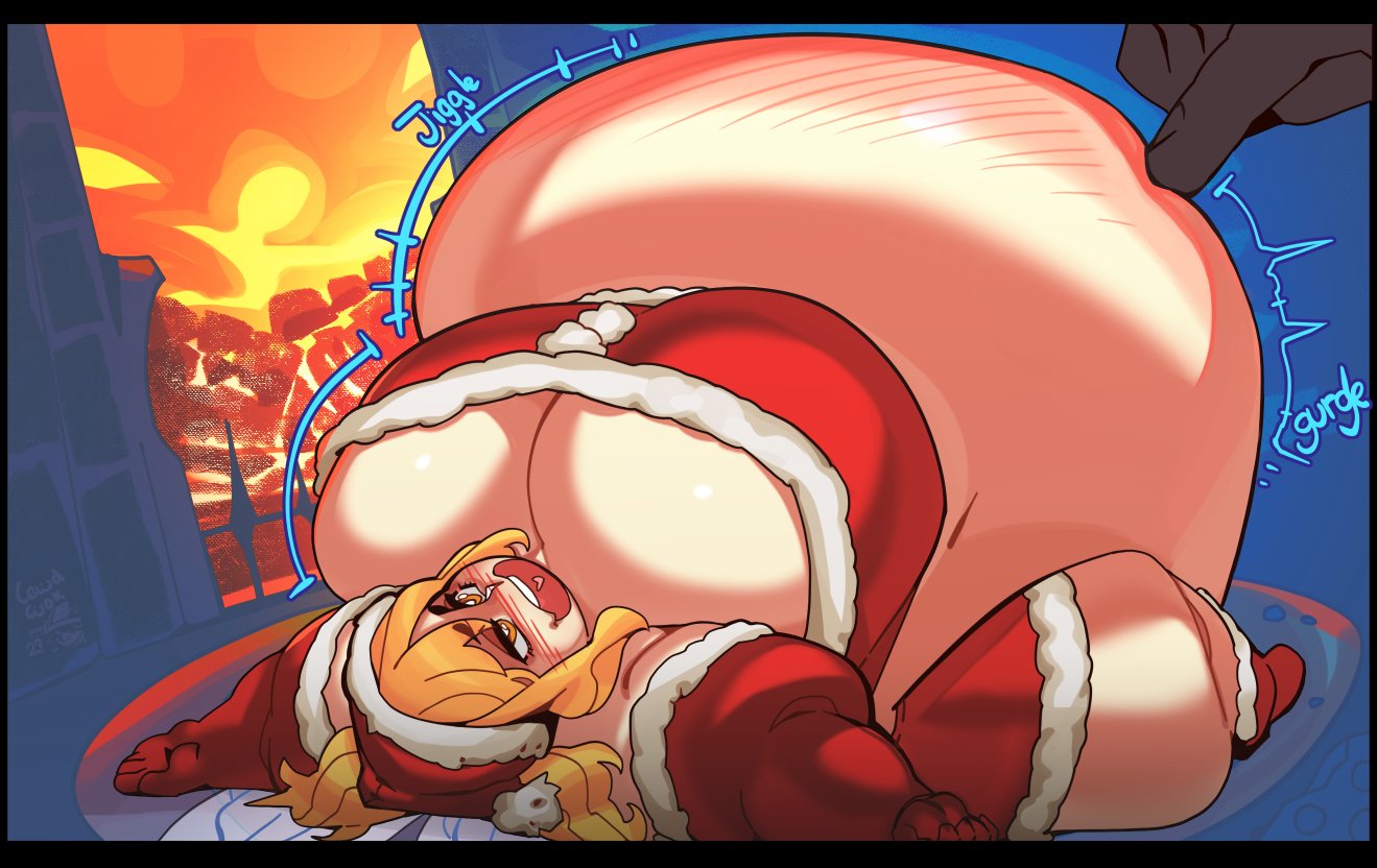 1girls belly breasts christmas female huge_belly huge_breasts hyper_belly onomatopoeia ramenwarwok santa_costume