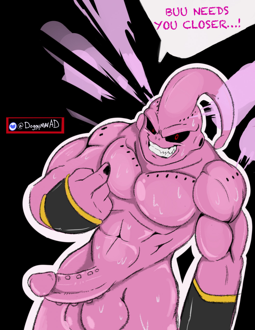 balls big_penis boner dragon_ball dragon_ball_z erection majin majin_buu male male_only maverickk_(artist) nude penis pink_body pink_skin solo solo_male speech_bubble super_buu sweat sweating