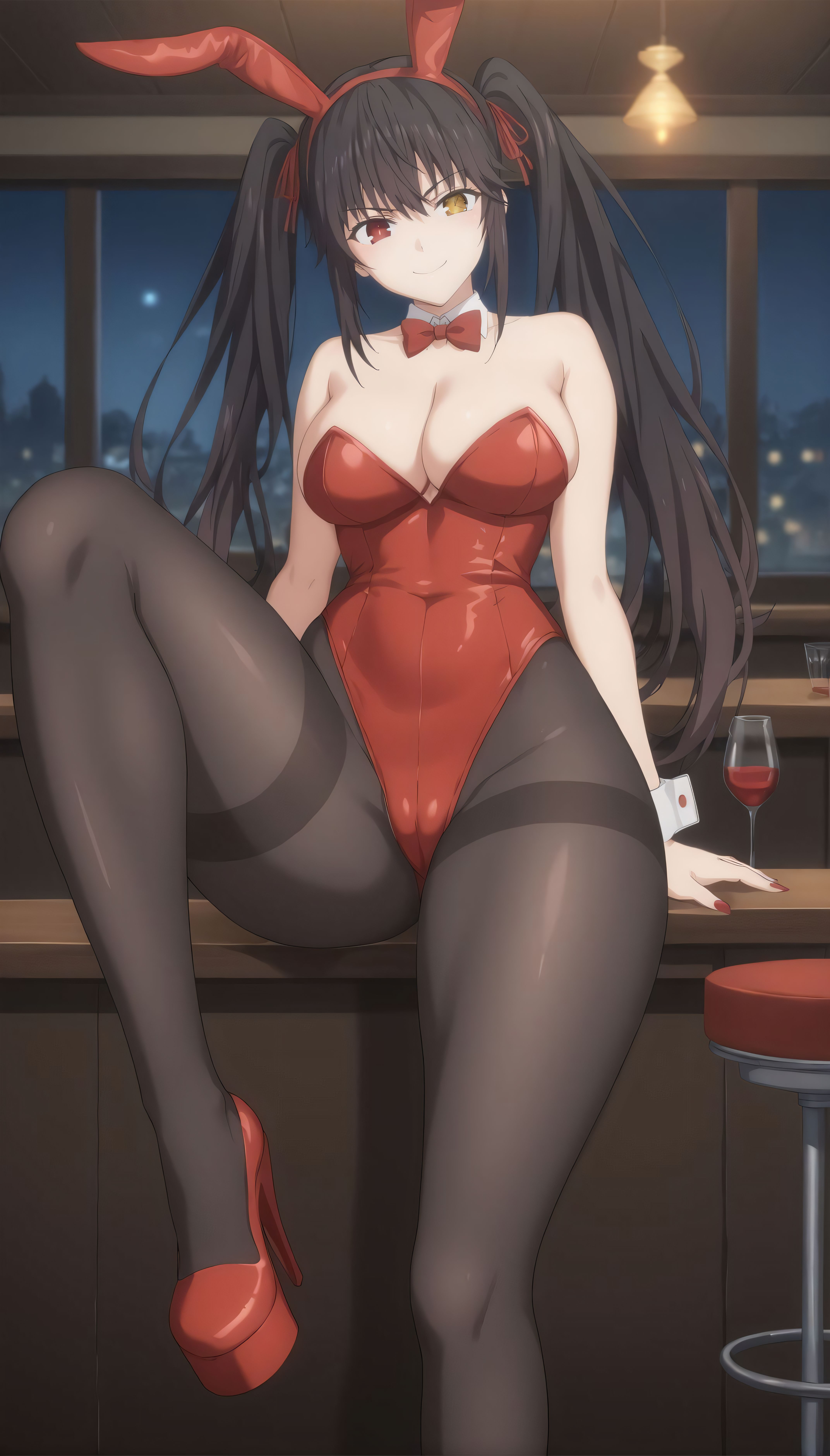 ai generated, black hair, breasts, bunny ears, bunnysuit, cleavage, date a live, female, gumi arts, heterochromia, high heels, medium breasts, naughty face, pantyhose, platform heels, red eyes, red nails, sitting, stable diffusion, thick thighs, tokisaki kurumi, twintails, wide hips, yellow eyes