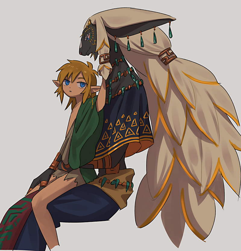 2boys arm_around_waist blonde_hair elf_ears hand_on_thigh hylian hylian_ears kokekokeimo link link_(tears_of_the_kingdom) long_hair looking_at_another male male_focus male_only pointy_ears rauru_(tears_of_the_kingdom) sitting sitting_on_lap size_difference tears_of_the_kingdom the_legend_of_zelda yaoi zonai