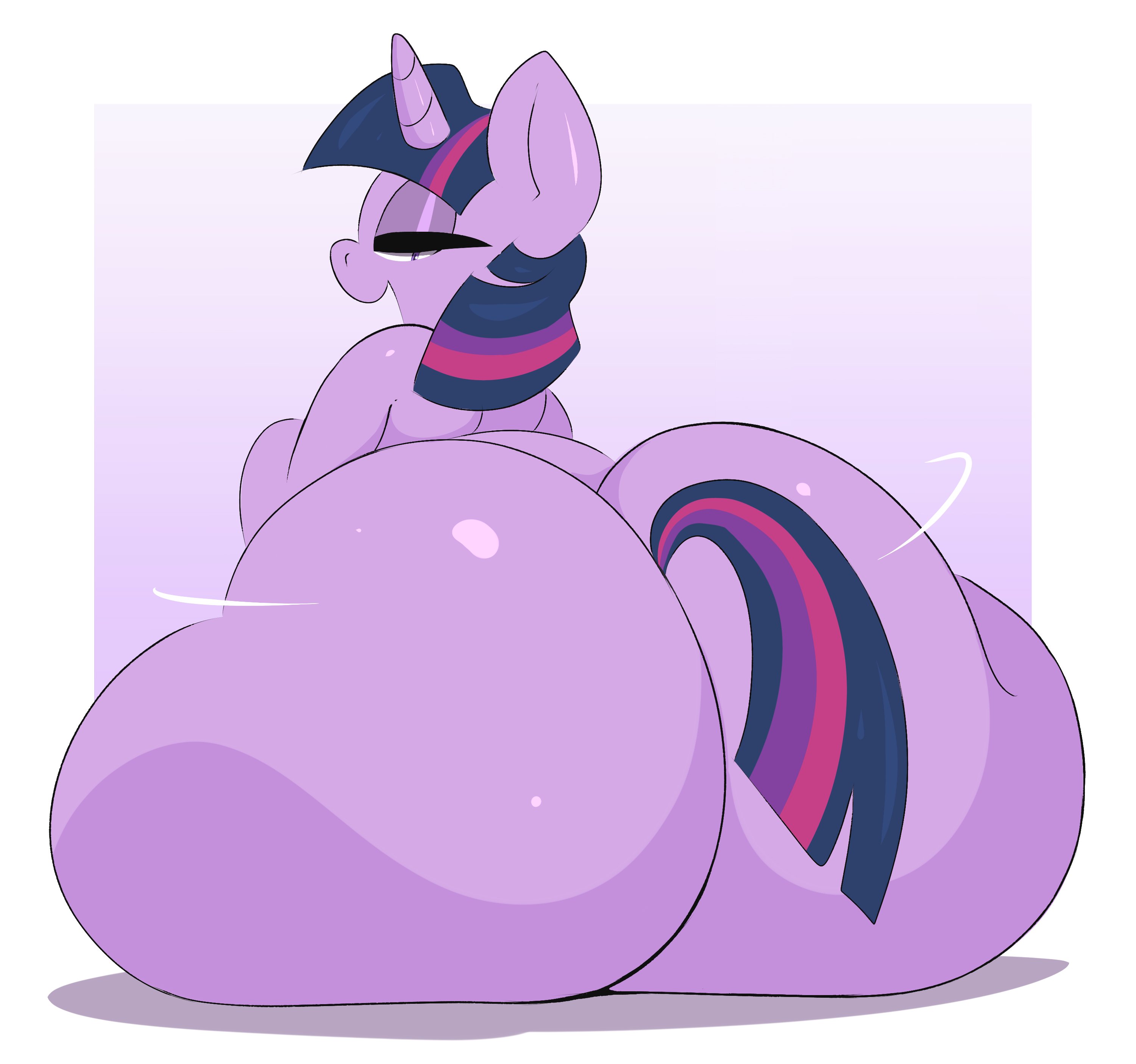 2024, absurd res, arizonathevixen, ass, big ass, big butt, blue hair, blue tail, border, cel shading, colored, digital media (artwork), equid, equine, eyelashes, female, feral, friendship is magic, hair, hasbro, hi res, horn, horse, huge ass, huge butt, hyper, hyper ass, hyper butt, looking at viewer, looking back, looking back at viewer, mammal, multicolored hair, multicolored tail, my little pony, pink hair, pink tail, pony, purple background, purple body, purple ears, purple eyes, purple hair, purple horn, purple tail, rear view, shaded, simple background, sitting, smile, smiling at viewer, solo, tail, twilight sparkle (mlp), unicorn horn, white border