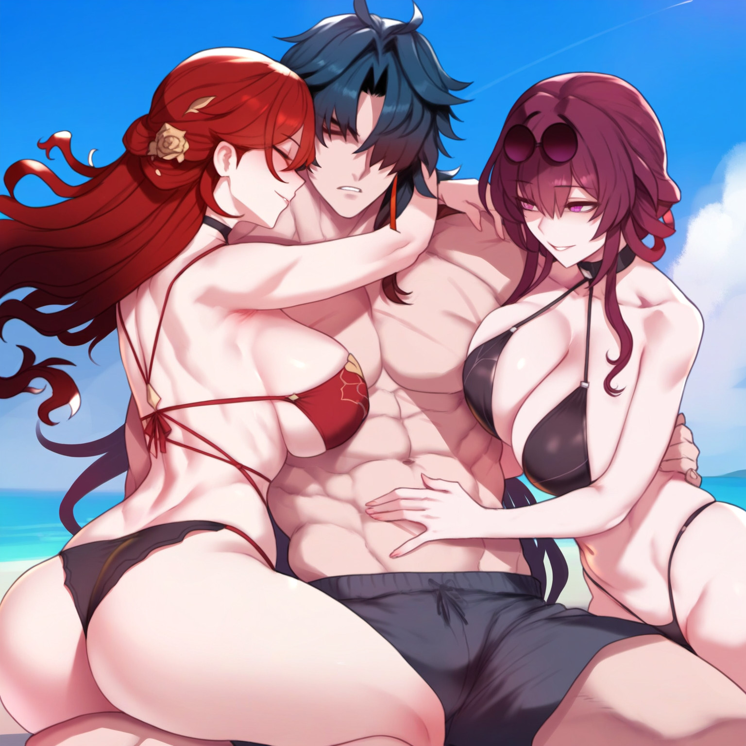 1boy, 2girls, ai generated, bikini, black hair, blade (honkai: star rail), closed eyes, female, himeko (honkai: star rail), honkai (series), honkai: star rail, hug, kafka (honkai: star rail), long hair, male, multiple females, multiple girls, muscular, muscular male, purple eyes, purple hair, red hair, sunglasses, swimsuit