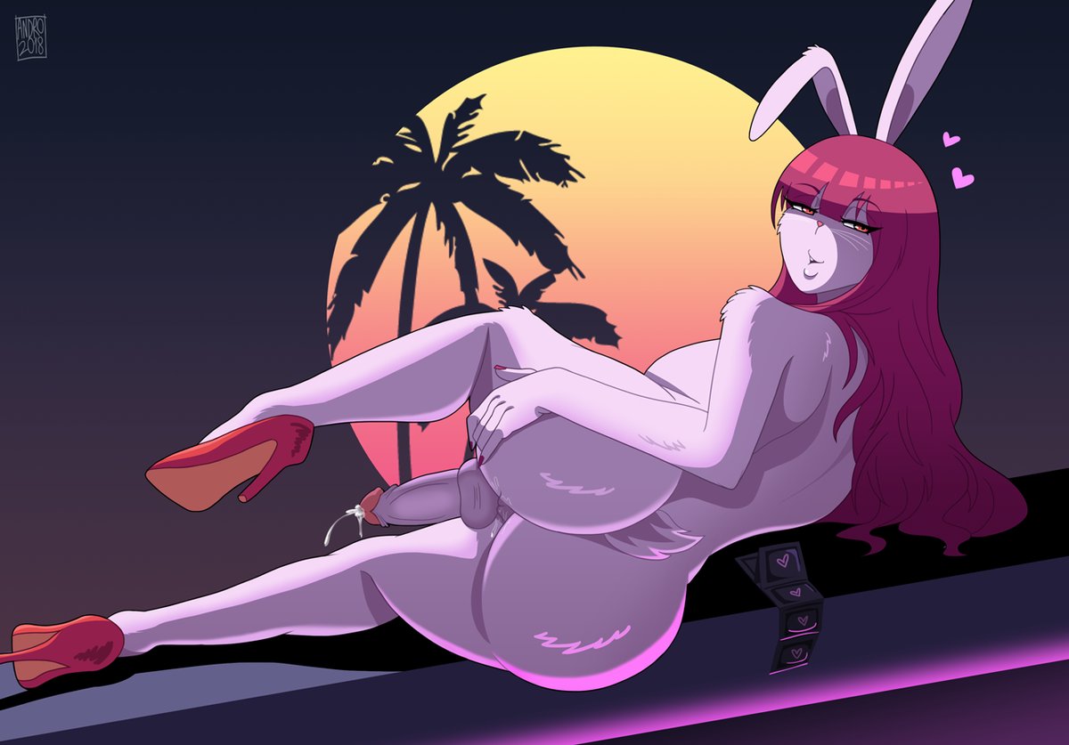1futa, 2018, androjuniarto, animal ears, animal tail, anthro, aroused, ass, balls, bangs, big ass, breasts, bunny, bunny ears, bunny girl, bunny tail, condom, condom packet strip, condom wrapper, cum, curvy, dated, dickgirl, eye contact, eyebrows visible through hair, eyelashes, female, from behind, furry, furry only, futa only, futanari, gradient background, half-closed eyes, heart, high heels, highres, huge ass, huge breasts, intersex, intersex only, large ass, leg up, lips, long hair, long nails, looking at viewer, looking back, lunarian (androjuniarto), lying down, lying on side, nails, naked, naked footwear, naked heels, night, nude, open mouth, original, outdoors, palm tree, penis, pink eyes, pink hair, pink nails, pink nose, pose, posing, presenting, presenting hindquarters, purple penis, rabbit, rabbit ears, rabbit tail, red high heels, sexually suggestive, shadow, shiny fur, shiny hair, shoes, sideboob, signature, solo, source request, tail, teeth, testicles, text, thick thighs, tree, trees, watermark, whiskers, white fur, wide hips