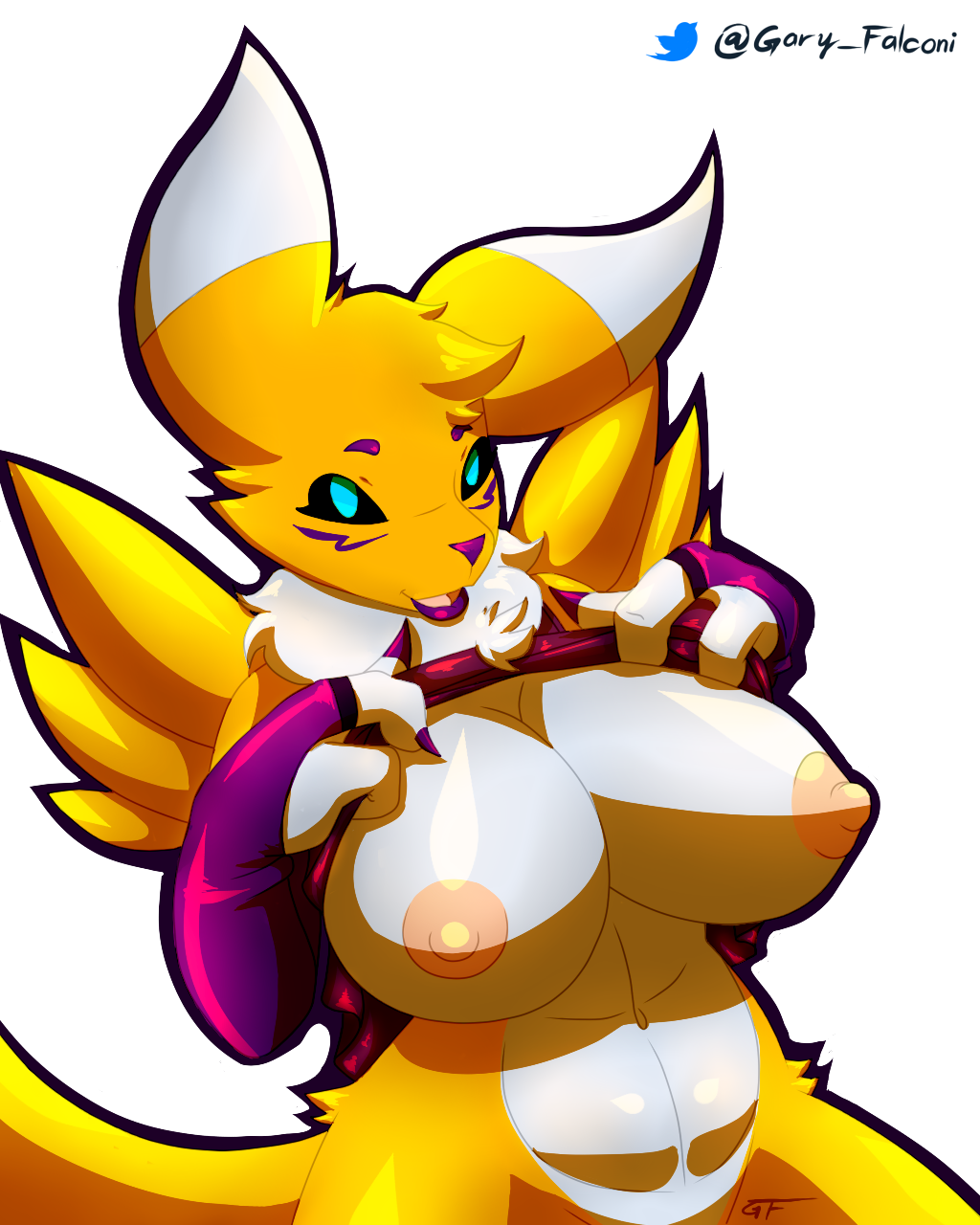 anthro big_breasts blue_eyes breasts clothing digimon digimon_(species) female fur gf hi_res mammal renamon simple_background solo white_fur yellow_fur