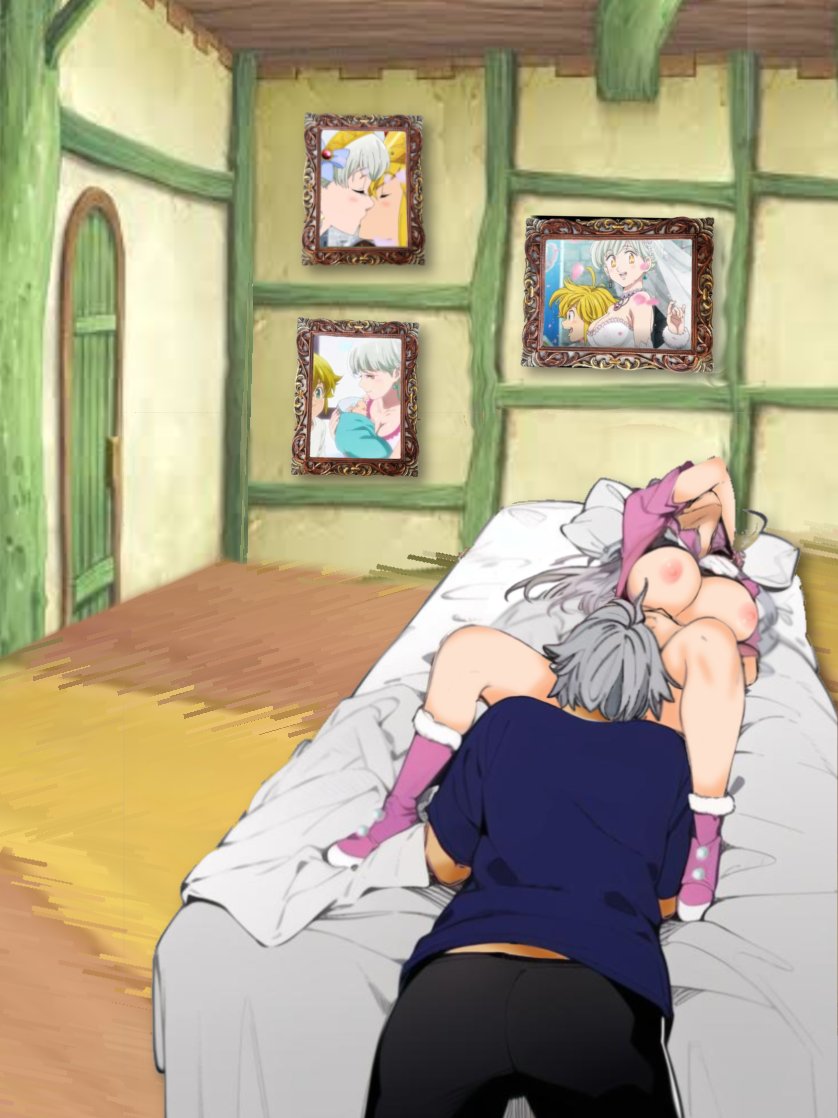 1boy 1girls bed cheating_wife clothed cunnilingus elizabeth_liones estarossa grey_hair head_back lying_on_back nanatsu_no_taizai netorare on_back picture_(object) picture_frame silver_hair the_seven_deadly_sins