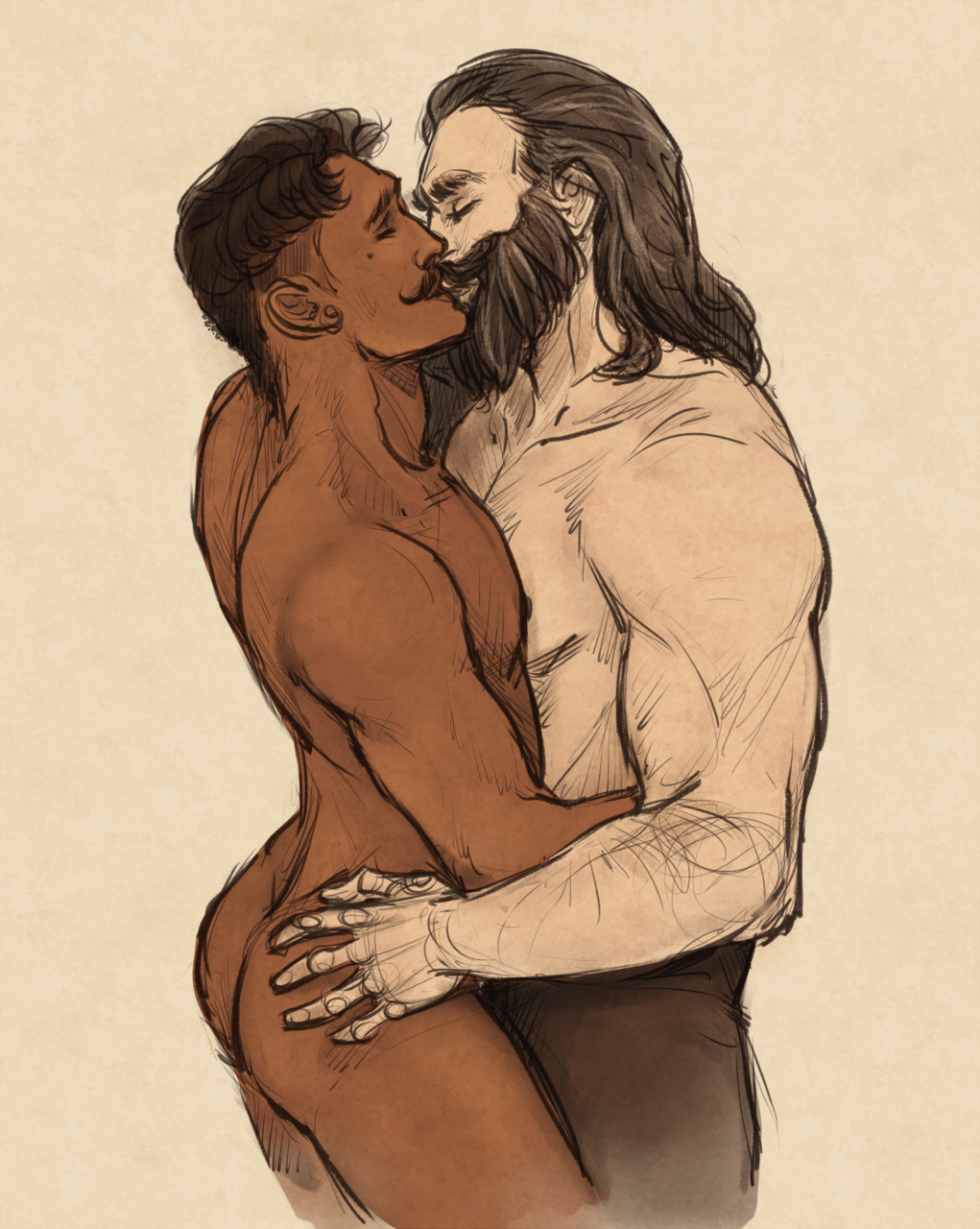 2boys ass ass_cleavage ass_grab bara beard beauty_mark biceps black_hair blackwall closed_eyes completely_nude curvy curvy_body dark-skinned_male dark_hair dark_skin dorian_pavus dragon_age dragon_age_inquisition duo facial_hair gay gay_male grabbing_ass holding_partner human kissing light-skinned_male light_skin long_hair looking_pleasured mage male male/male male_only mole moustache naked naked_male nipples nude nude_male pants shirtless shirtless_male standing standing_position straight_male tagme_(artist) unknown_artist video_games warrior yaoi