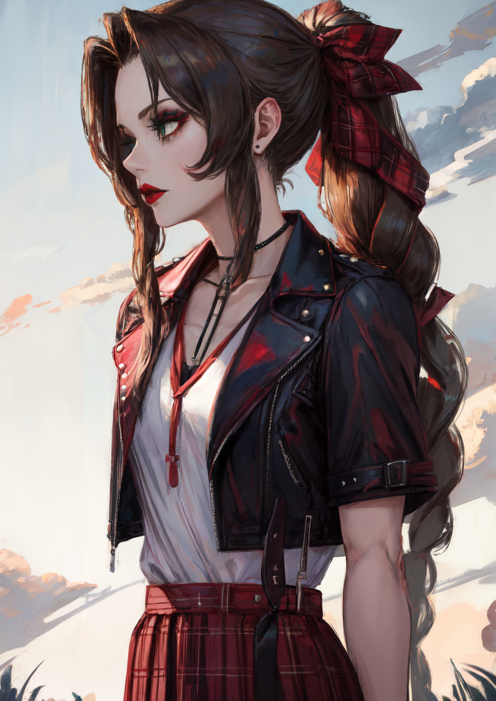 1girls aerith_gainsborough ai_generated alt black_jacket blue_eyes braided_ponytail emo female female_focus final_fantasy final_fantasy_vii hairbow leather_jacket long_hair looking_away mascara pale_skin plaid plaid_skirt ponytail red_jacket red_lipstick shirt sidelocks sky small_breasts solo solo_female stable_diffusion standing tampopo