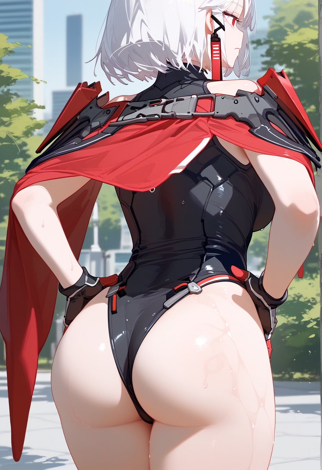 ai generated, ass, ass focus, backboob, breasts, cape, drake (nikke), female, from behind, gloves, goddess of victory: nikke, huge ass, large breasts, leotard, red eyes, shiny, shiny clothes, shiny hair, shiny skin, short hair, sideboob, solo, sweat, thick thighs, thong, thong leotard, white hair