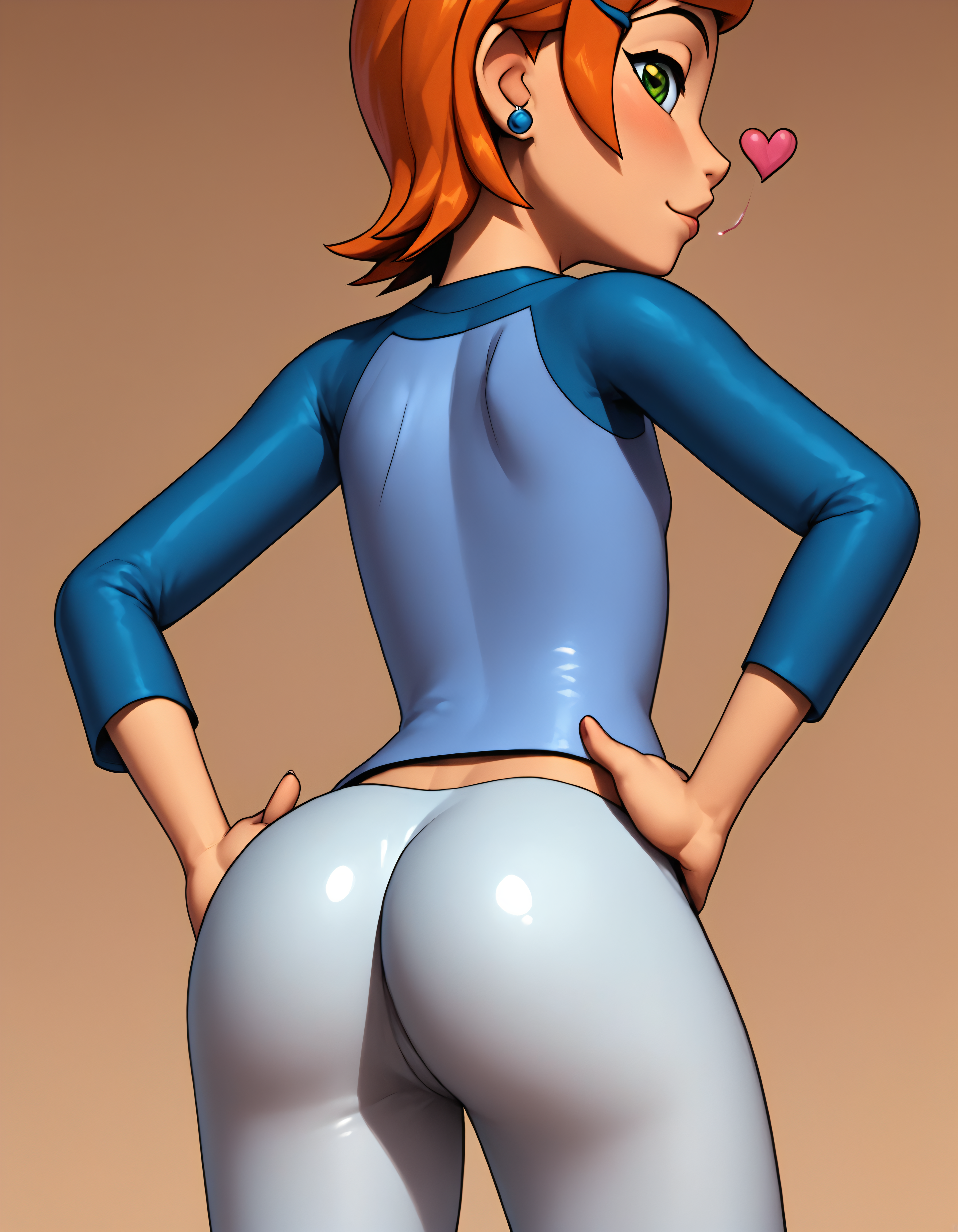 1girls, ai generated, ass, ben 10, big ass, big butt, breasts, female, female only, green eyes, gwen tennyson, hands on hips, short hair, small breasts, solo, tight pants