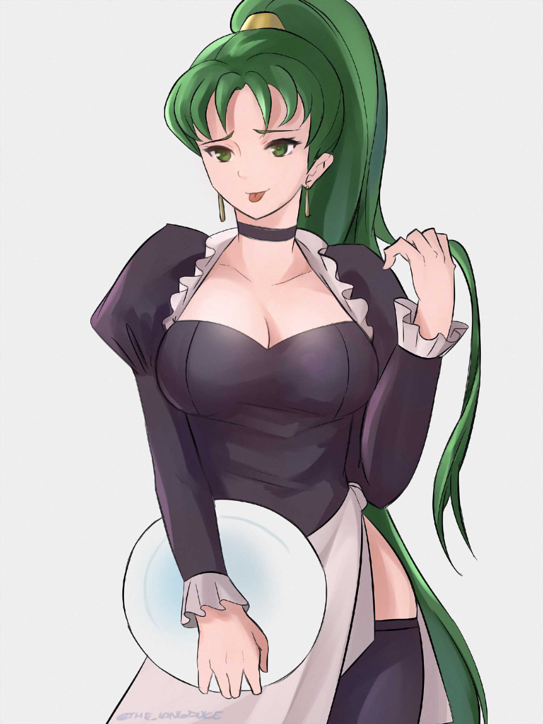 alternative_costume black_legwear breasts choker cleavage earrings female fire_emblem fire_emblem:_the_blazing_blade fully_clothed green_eyes green_hair grey_background high_resolution holding holding_plate jewelry long_hair long_sleeves lyn_(fire_emblem) lyndis_(fire_emblem) maid medium_breasts plate ponytail simple_background solo the_kingduke tied_hair tommietomm tongue tongue_out twitter_username very_high_resolution