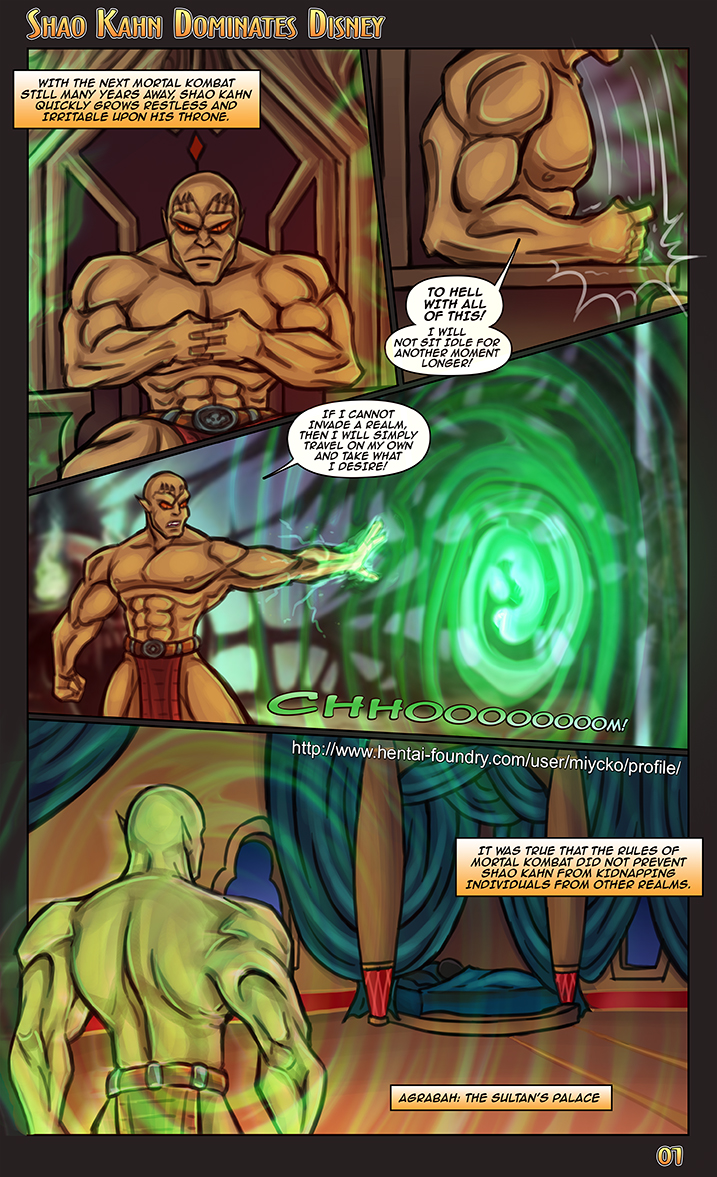 aladdin aladdin_(1992_disney_film) comic comic_page crossover disney english_text imminent_rape imminent_sex miycko mortal_kombat page_1 page_number princess_jasmine shao_kahn shao_kahn_dominates_disney