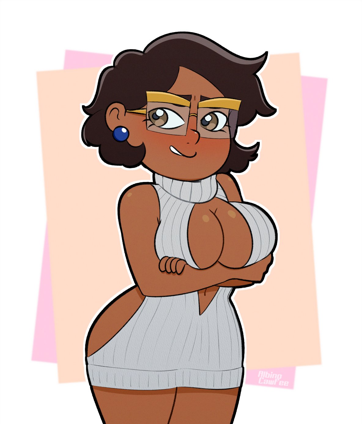 1girls 2d 2d_(artwork) albinocawfee arms_crossed_under_breasts artist_name big_breasts brown_eyes brown_hair busty camila_noceda cleavage dark-skinned_female dark_skin digital_drawing_(artwork) disney disney_channel female female_only glasses huge_breasts large_breasts latina latina_milf mature_female milf no_bra no_panties solo the_owl_house virgin_killer_sweater