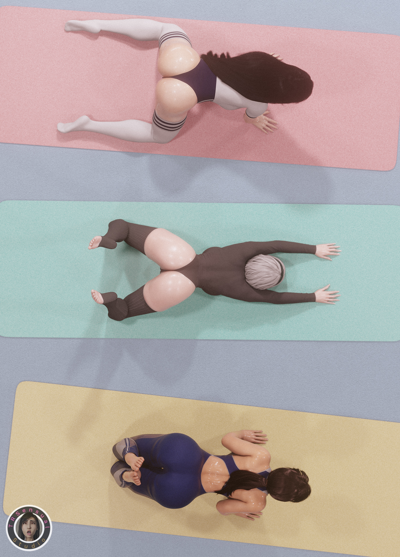 3d, ass, big ass, big breasts, big butt, big thighs, black hair, blue eyes, breasts, brown eyes, brown hair, female, final fantasy, final fantasy vii, full color, gym, gym clothes, gym uniform, image, image set, lara croft, long hair, nier: automata, no penetration, ponytail, red eyes, short hair, signature, text, tifa lockhart, tomb raider, trsensualstudio, watermark, wet, wet body, wet skin, white hair, yoga, yoga mat, yoga pose, yorha 2b
