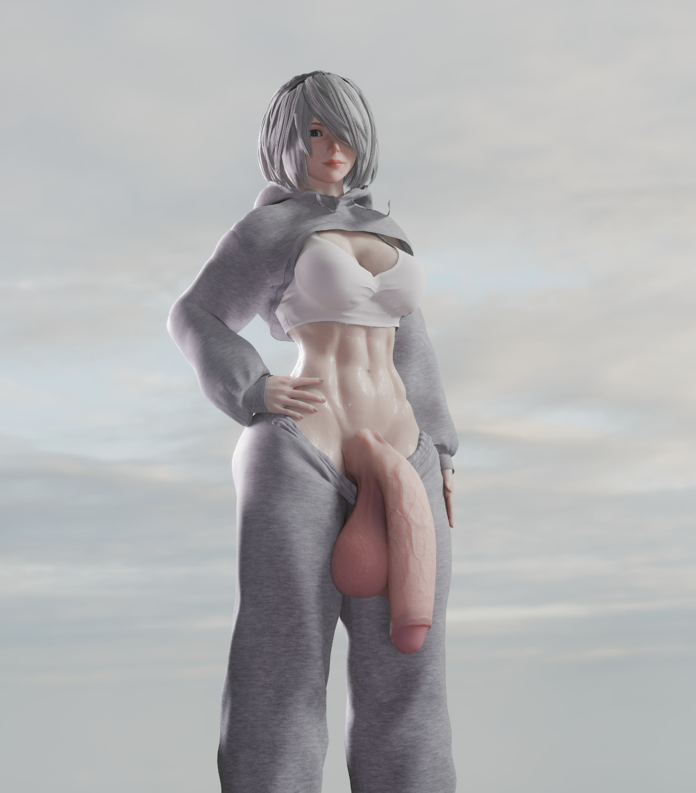 1futa, 3d, abs, aethersart, balls, cock hanging, dickgirl, female, foreskin, futa only, futanari, hand on hip, hoodie, huge balls, huge cock, hung bottom, intersex, looking at viewer, muscular, muscular female, nier: automata, partially retracted foreskin, penis, retracted foreskin, sweatpants, topwear, uncircumcised, yorha 2b