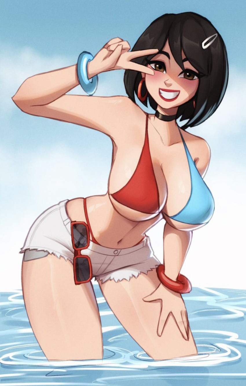 beach bikini bikini_top black_hair bracelet brown_eyes choker cleavage evie_(fortnite) eyewear_removed fortnite fortnite:_battle_royale hair_clip magaska19 panties_visible red_lipstick shorts sunglasses sunglasses_removed thong_straps water