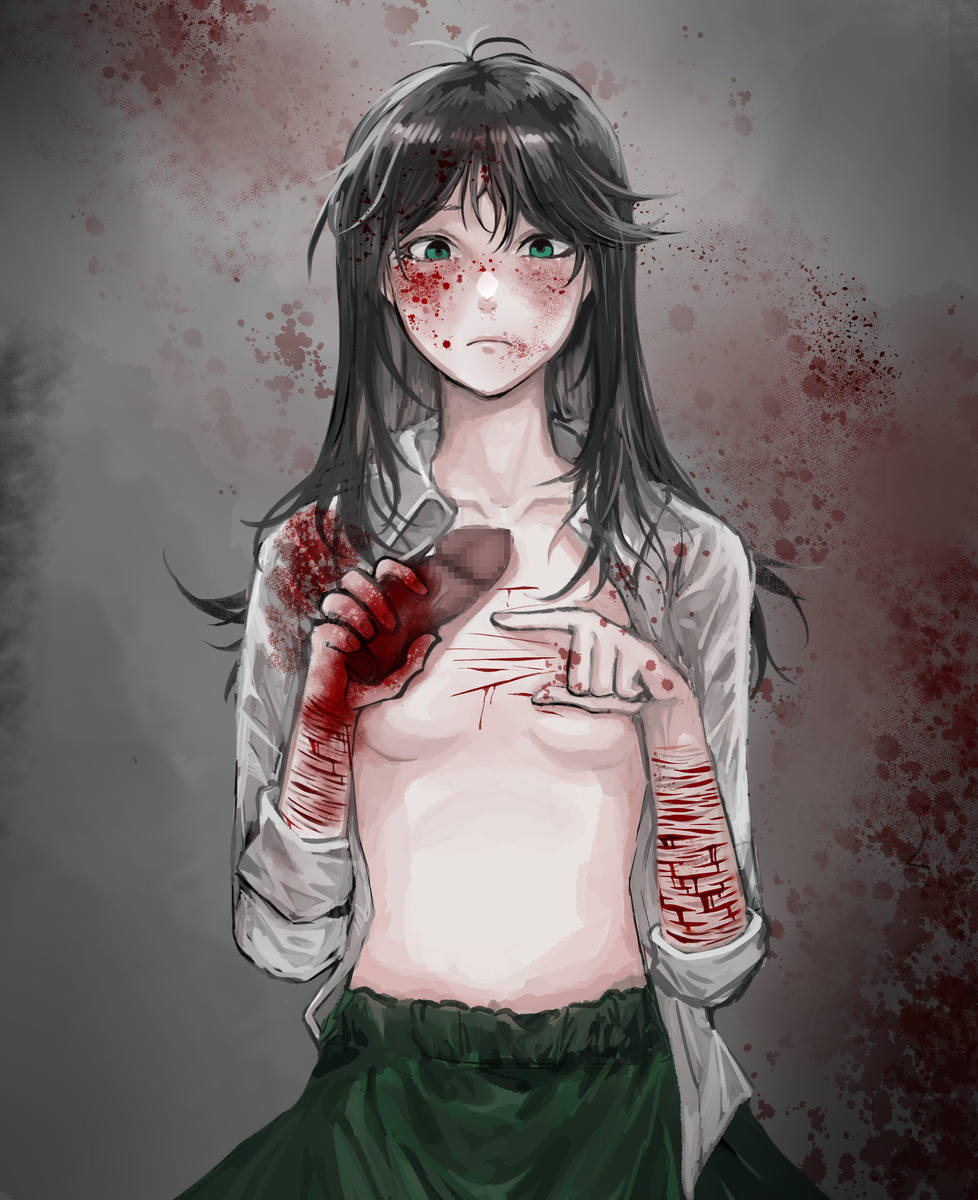 blood censored censored_penis cuts gore guro holding_penis male_ryona penectomy penis self_harm self_harm_scars severed_penis whiterabbit0901