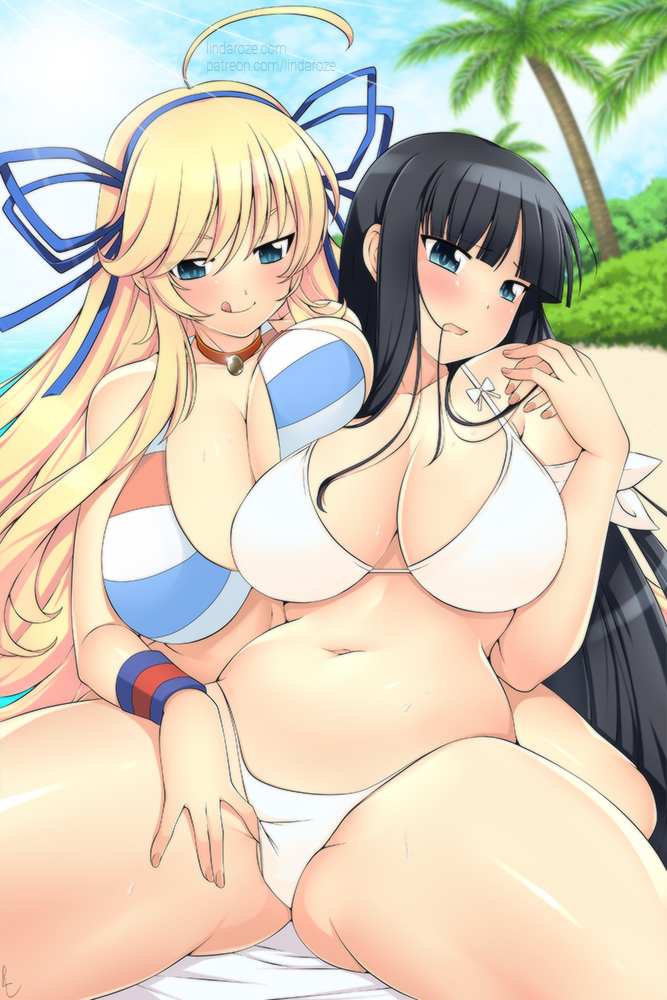 2girls, beach, big breasts, bikini, black hair, blonde hair, blue eyes, breast squish, breasts, cleavage, clothing, female, female only, hair, ikaruga (senran kagura), katsuragi (senran kagura), large breasts lesbian, lesbians, lindaroze, long hair, multiple females, multiple girls, palm tree, senran kagura, thick thighs, yuri
