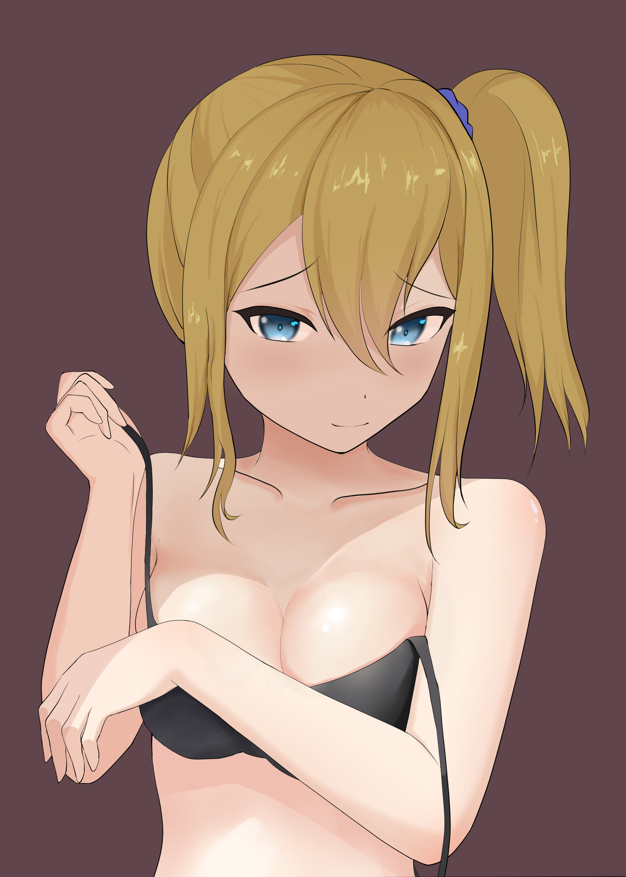 1girls, belly, black bra, black underwear, blonde female, blonde hair, blonde-haired female, blue eyes, blue-eyed female, bra, breasts, brown background, cleavage, collarbone, dot nose, elbows, female, female focus, female only, fingers, hair between eyes, hayasaka ai, high resolution, highres, kaguya-sama wa kokurasetai ~tensai-tachi no renai zunousen~, kn53, light skin, light-skinned female, long hair, looking at viewer, medium breasts, naked, naked female, nervous, nervous face, nervous smile, nude, nude female, schoolgirl, shoulders, shy, shy expression, shy smile, side ponytail, simple background, slender body, slender waist, slim waist, solo, standing, student, teenager, thin waist, undressing, upper body