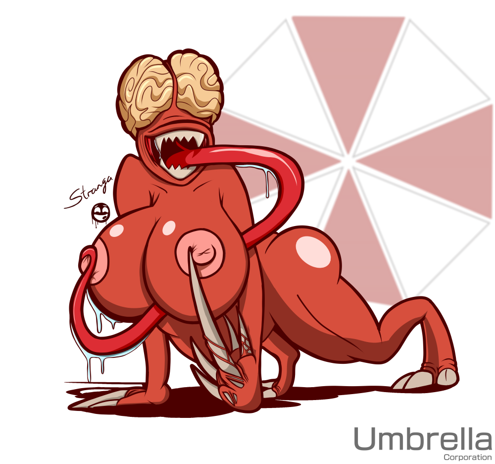 all_fours anthro big_ass big_breasts big_nipples chubby claws female female_only huge_breasts licker long_tongue mutant nipples no_eyes open_mouth pointy_teeth red_skin resident_evil resident_evil_2 saliva simple_background smile stranga thick_thighs umbrella_corporation zombie