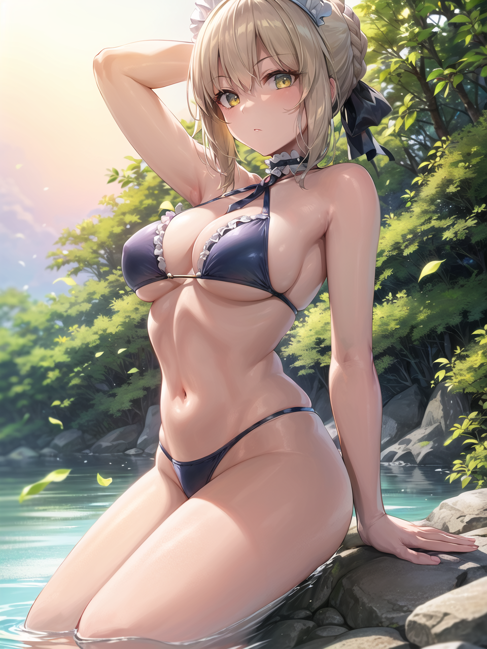 1girls ai_generated alternate_breast_size artoria_pendragon artoria_pendragon_(alter) artoria_pendragon_(swimsuit_rider_alter) bikini blonde_hair breasts commission fate/grand_order fate_(series) female large_breasts looking_at_viewer maid maid_headdress outdoors saber_alter short_hair stable_diffusion thighs tied_hair yellow_eyes