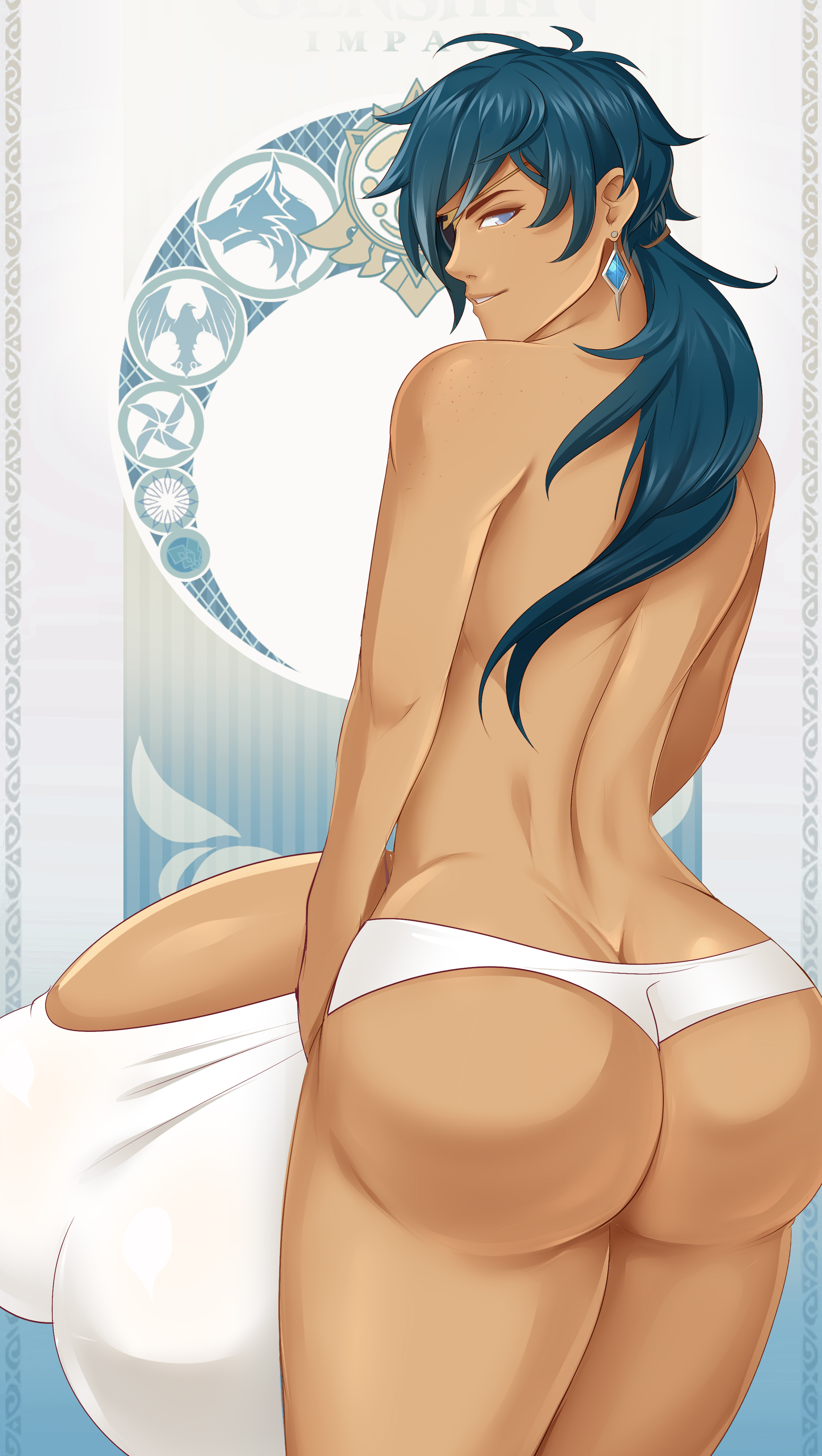 1boy, ass, balls, balls under clothes, big ass, blue hair, bulge, dark skin, dark-skinned femboy, dark-skinned male, dark-skinned sissy, dark-skinned twink, femboy, gasaiv, genshin impact, huge balls, huge cock, hyper, hyper balls, hyper bulge, hyper penis, kaeya (genshin impact), long hair, looking at viewer, looking back, male, male focus, male only, penis, penis under clothes, rear view, solo, twink, underwear