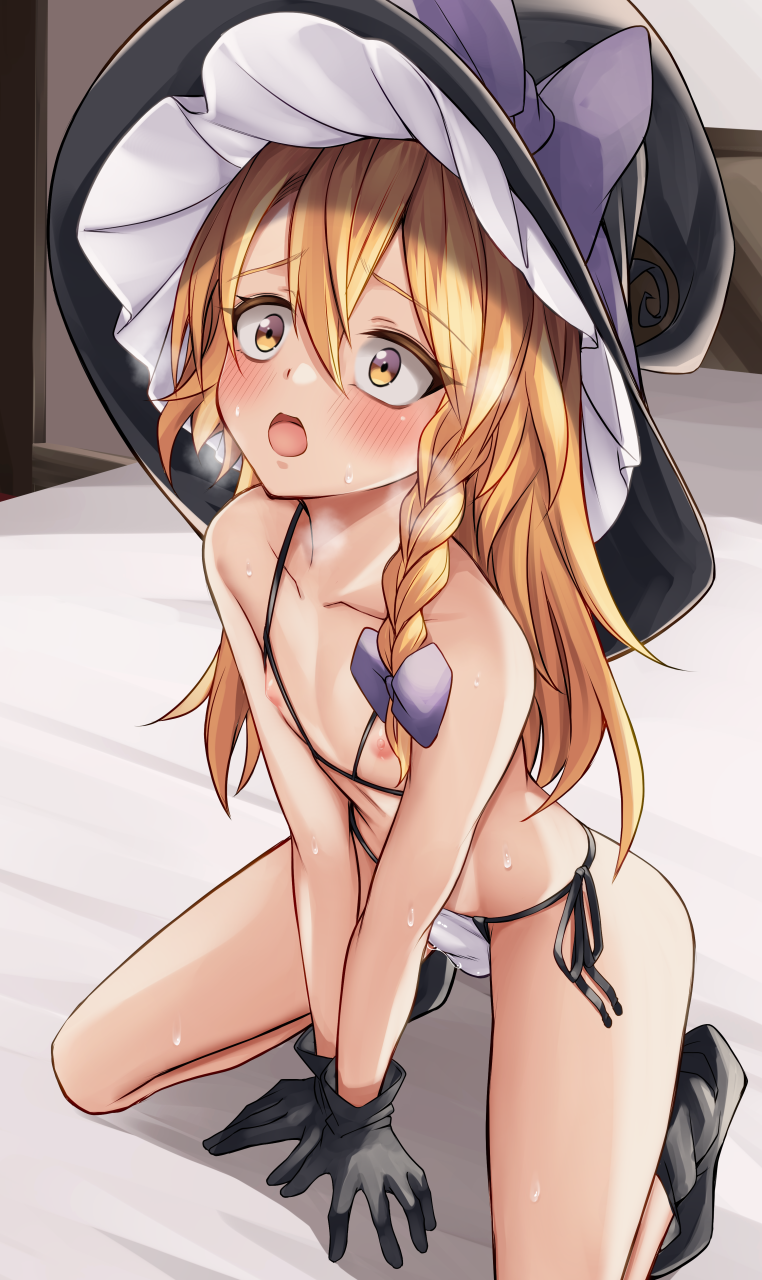 1boy bikini black_gloves black_hat blonde_hair blush bow breath bulge cookie_(touhou) crossdressing embarrassed erection erection_under_clothes genderswap_(ftm) gloves hair_between_eyes hat hat_bow heavy_breathing highres kirisame_marisa kneeling marisa_kirisame momendoufu nipples on_bed open_mouth otoko_no_ko precum precum_through_clothes purple_bow rei_(cookie) rule_63 string_bikini sweat swimsuit touhou witch_hat yellow_eyes