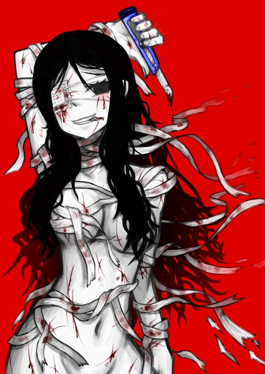 arm_up bandages black_eyes black_hair blood boxcutter breasts eyepatch female grin guro highres injury long_hair navel original red_background samael_(5211) samaero self-harm simple_background smile solo