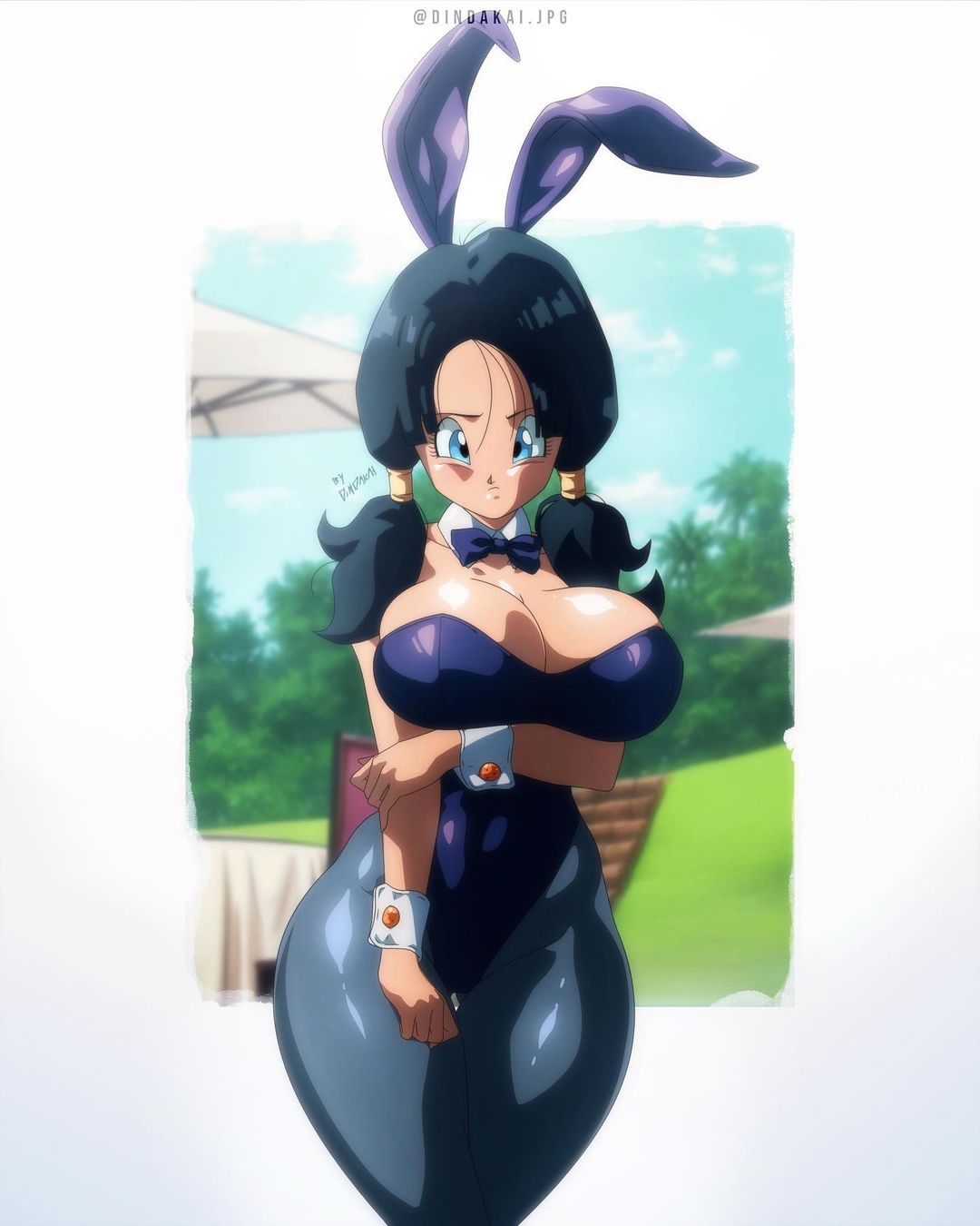 1girls black_hair blue_eyes breasts bunny_ears bunnysuit dindakai dragon_ball dragon_ball_z embarrassed female female_only large_breasts looking_at_viewer solo thick_thighs twintails videl wide_hips