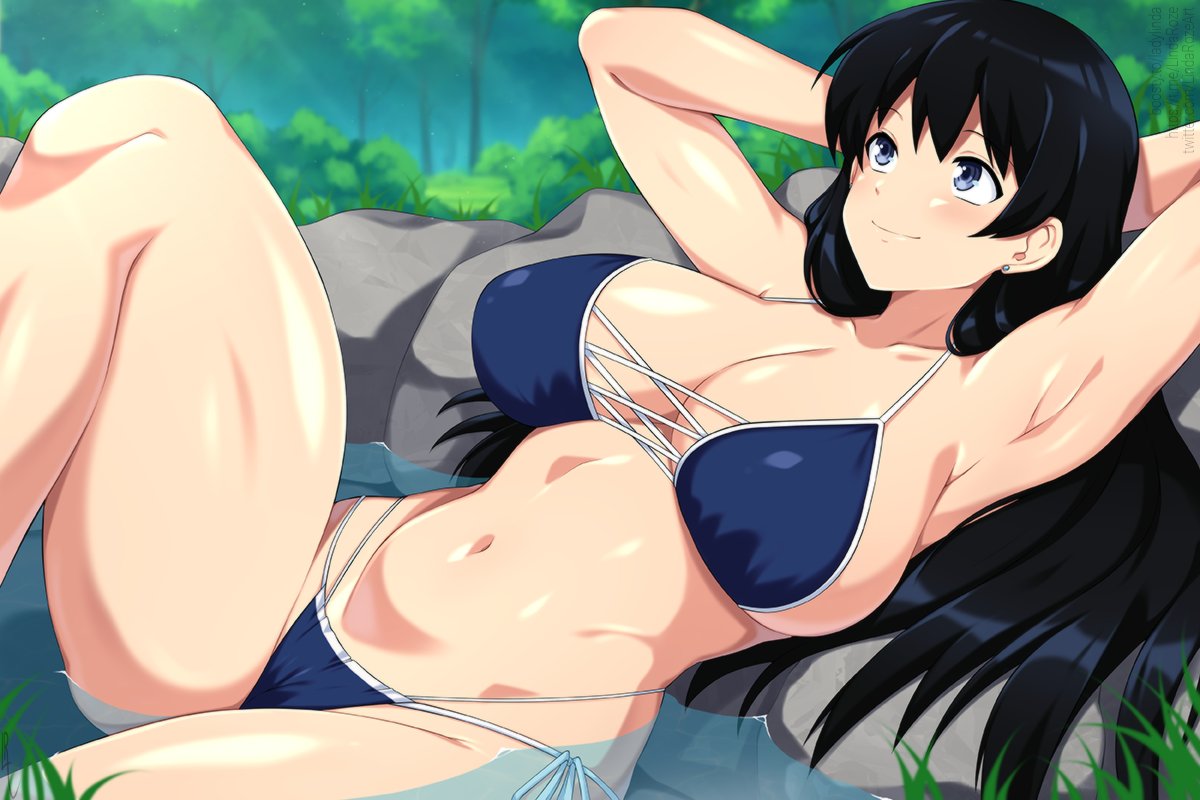 anime, arato nagi, arms behind back, bathing, big breasts, black hair, black-haired female, breasts, female, female focus, female only, large boobs, large breasts, light skin, light-skinned female, lindaroze, looking up, resting, ruri no houseki, smile, smiling, solo, solo female, solo focus, thick thighs, thighs