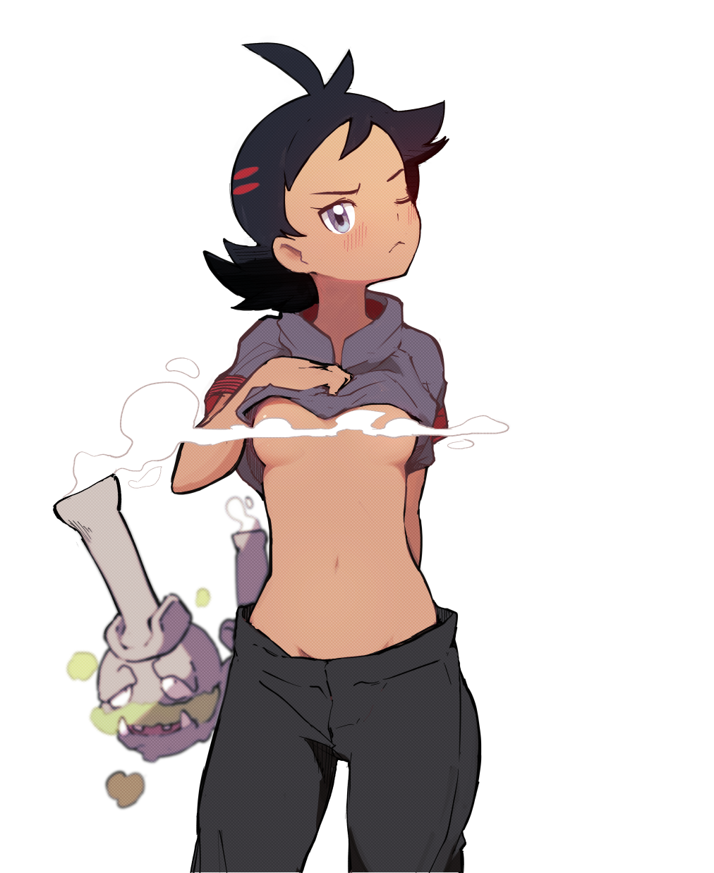 1girls alpha_channel breasts dark-skinned_female dark_skin eye_contact female female_only genderswap goh_(pokemon) half-closed_eyes looking_at_viewer nintendo pants pokemon pokemon_(species) pokemon_journeys pokemon_ss rule_63 shirt shirt_lift small_breasts solo_focus source_request trap weezing