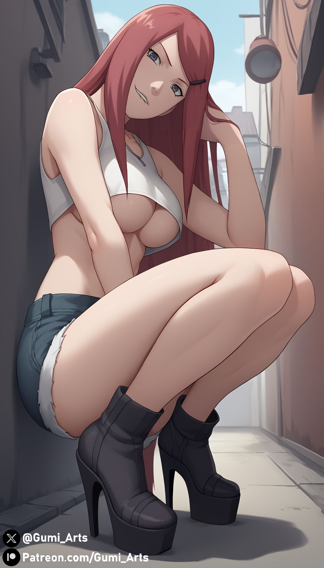 ai generated, alley, biting own lip, blue eyes, breasts, crop top, denim shorts, female, from below, gumi arts, head tilt, high heel boots, high heels, long hair, looking at viewer, milf, naruto, naruto (series), naruto shippuden, outdoors, platform heels, red hair, stable diffusion, underboob, uzumaki kushina