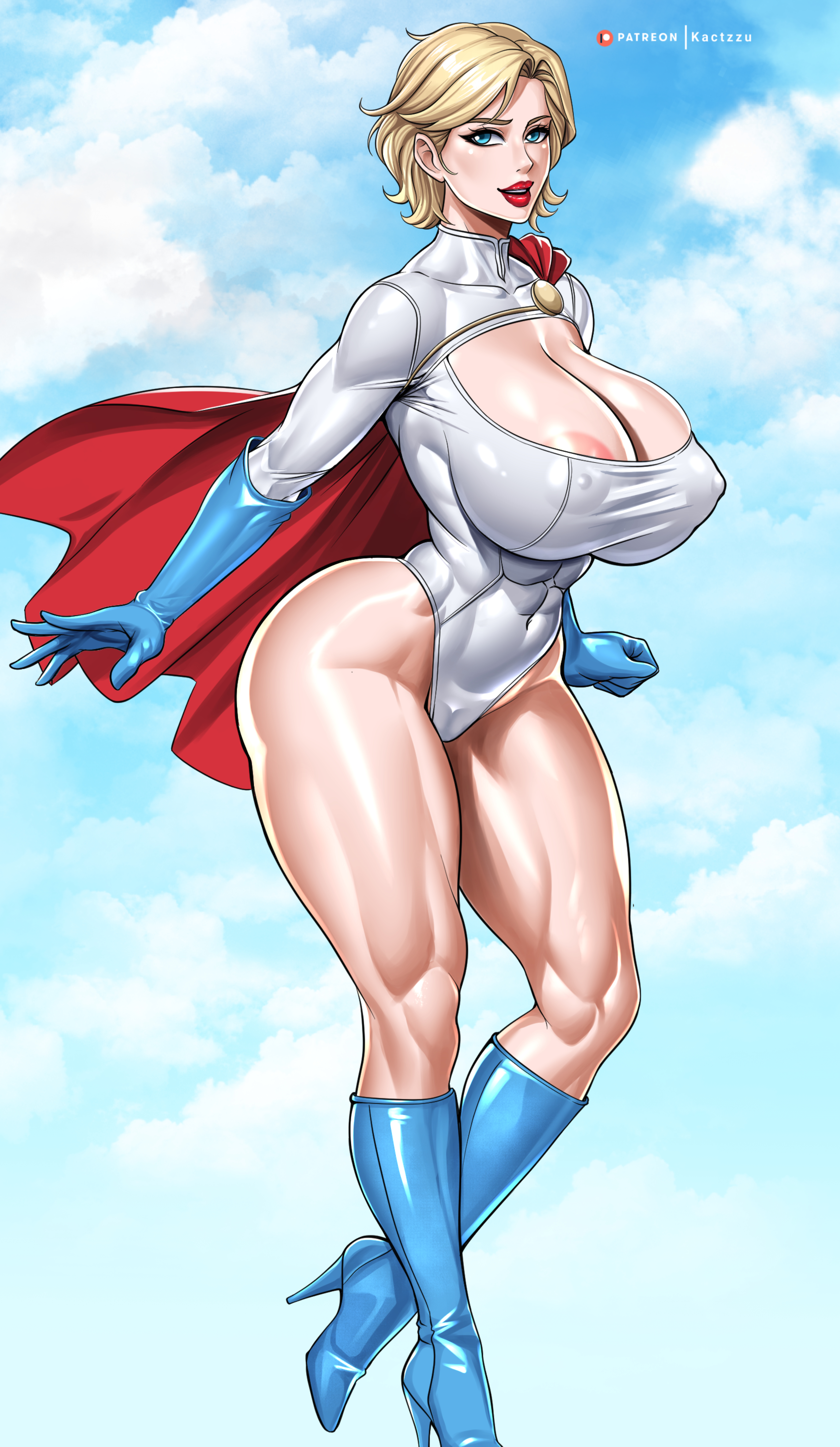 1girls, absurd res, absurdres, areola slip, areolae, big breasts, blonde, blonde female, blonde hair, blue gloves, boob window, breasts, cape, cleavage, dc, dc comics, female, female only, gloved hands, gloves, hi res, high heels, kactzzu, kara zor-l, karen starr, legs, light skin, light-skinned female, lips, lipstick, nipple bulge, power girl, red cape, red lipstick, short hair, sky, solo, superheroine, superman (series), thick thighs, thighs, toned, toned female