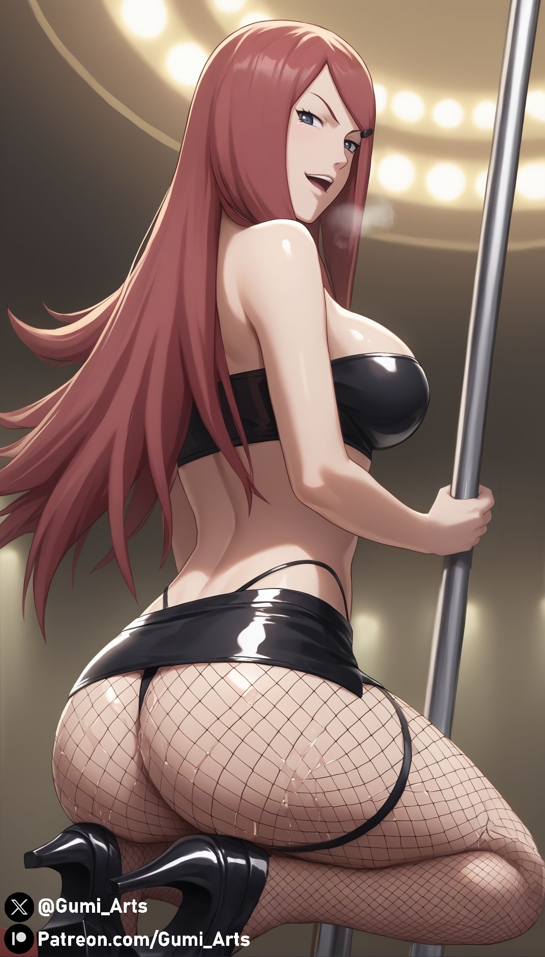 ai generated, ass, blue eyes, female, fishnets, from behind, gumi arts, heavy breathing, high heels, indoors, latex, long hair, looking at viewer, looking back, microskirt, milf, naruto, naruto (series), naruto shippuden, naughty face, oiled, platform heels, red hair, stable diffusion, stripper, stripper pole, thong above skirt, tubetop, uzumaki kushina