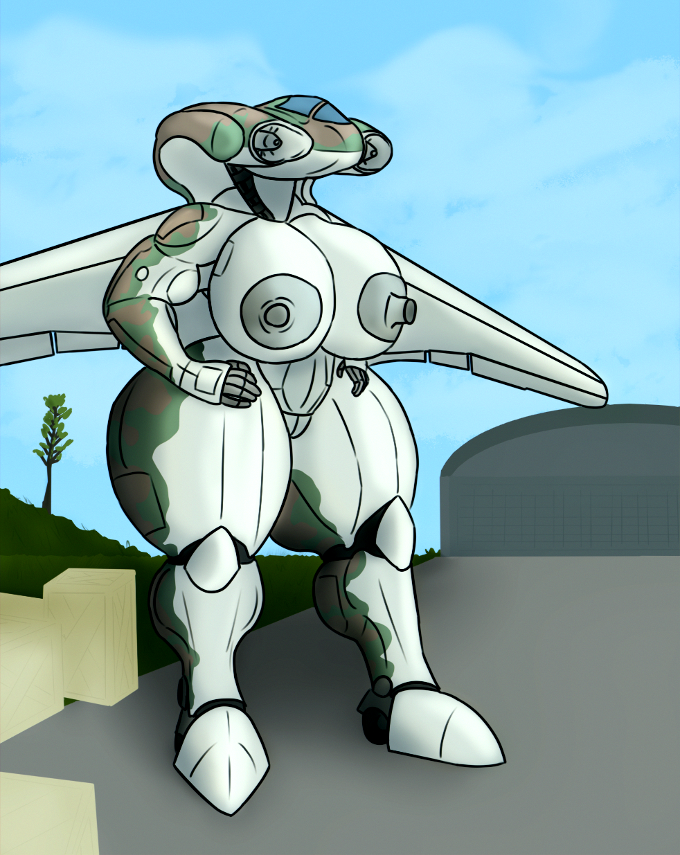 aeromorph aircraft aircraft_humanoid ass big_breasts big_butt box breasts container curvy_figure female field flying_wing hangar hi_res ho_229_(aircraft) huge_hips humanoid living_aircraft living_machine living_vehicle machine mantrinrus mechanical_arm mechanical_legs mechanical_wings simple_background solo thick_thighs vehicle wide_hips