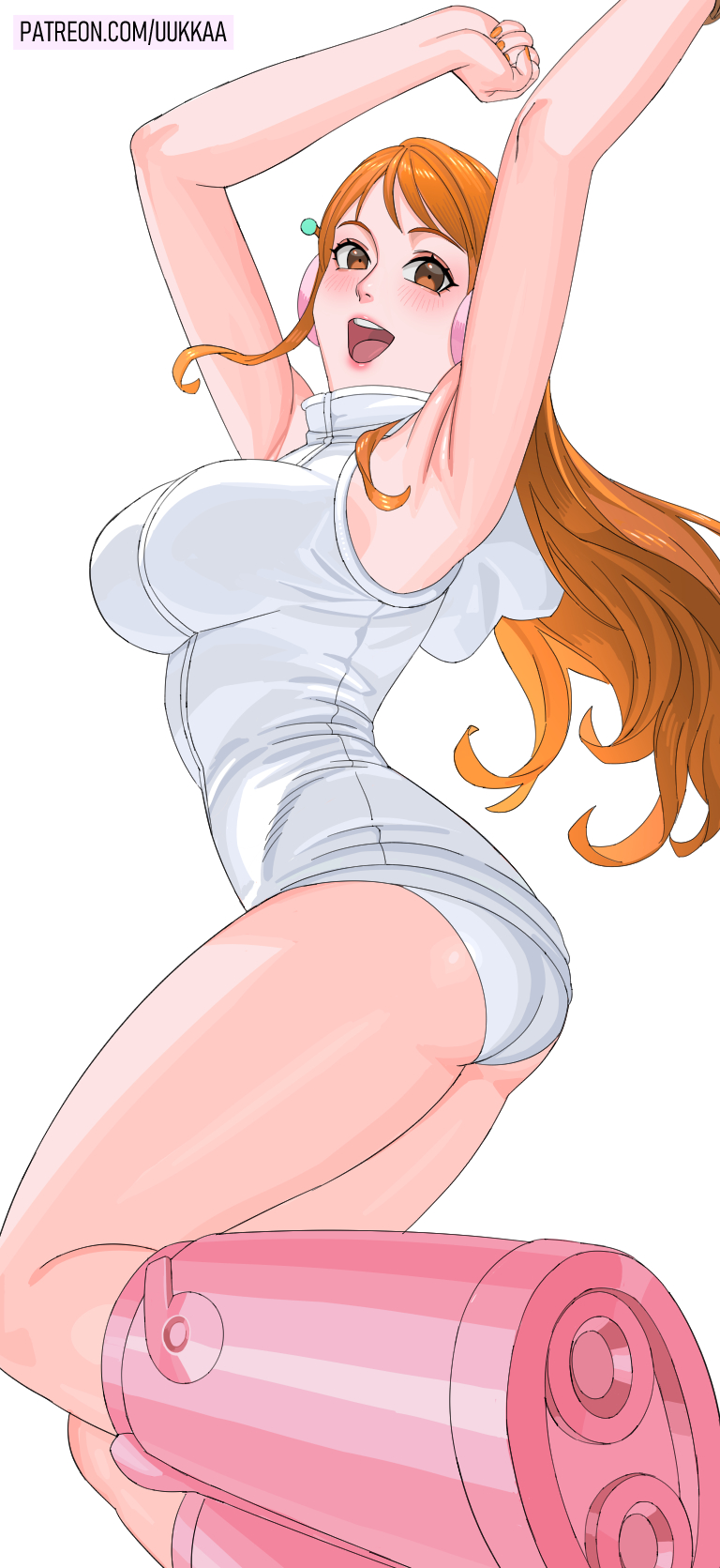 1girls armpits arms_up ass big_breasts busty female female_only jumping light-skinned_female light_skin midair nami one_piece one_piece:_egghead_arc orange_eyes orange_hair patreon_username post-timeskip thighs tight_clothing uukkaa white_outfit