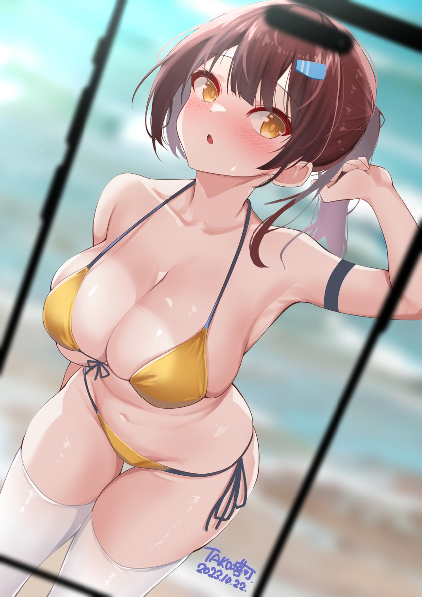 1girls arm_band armband armpits bare_arms bare_belly bare_chest bare_legs bare_midriff bare_shoulders bare_skin bare_thighs beach belly belly_button bikini bikini_bottom bikini_top black_armband blush blush_lines blushing_female breasts brown_hair brown_hair_female cleavage coast collarbone dot_nose elbows female female_focus female_only fingers groin hair_between_eyes high_resolution highres ineedu041_tako large_breasts legs light-skinned_female light_skin long_hair looking_at_viewer naked naked_female navel nude nude_female ocean open_mouth original phone photo ponytail sand sea seaside shoulders sideboob solo standing string_bikini stroking_hair sweat sweatdrop swimsuit swimwear thick_thighs thighhighs thighs upper_body v-line white_thighhighs yellow_bikini yellow_bikini_bottom yellow_bikini_top yellow_eyes yellow_eyes_female yellow_string_bikini yellow_swimsuit yellow_swimwear