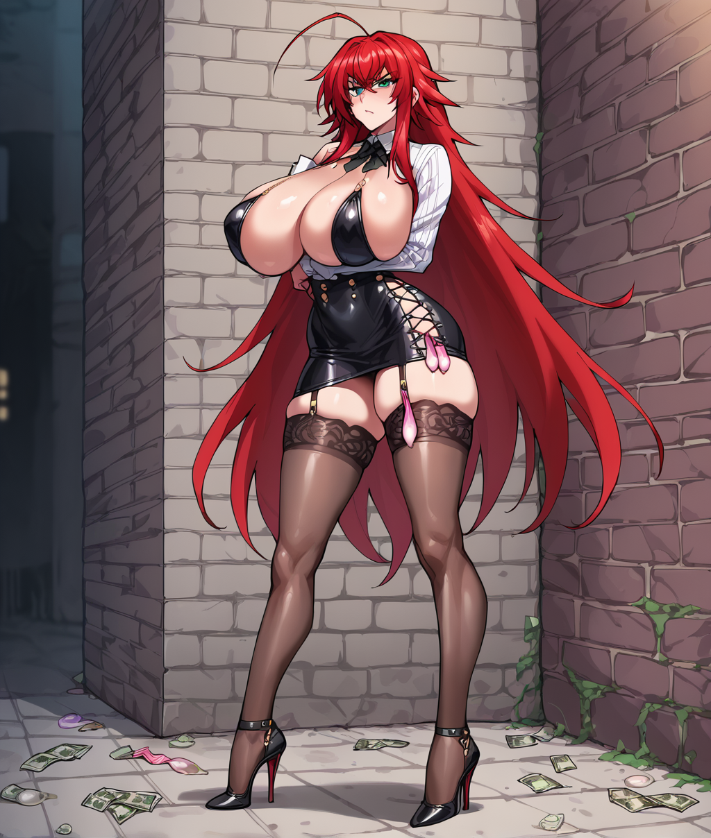 ai_generated ai_slut alley alleyway annoyed arms_crossed_under_breasts big_ass big_breasts black_dress condom garter_straps green_eyes high_heels high_school_dxd money prostitution public red_hair rias_gremory thick_thighs thighhighs tight_clothing tight_dress used_condom