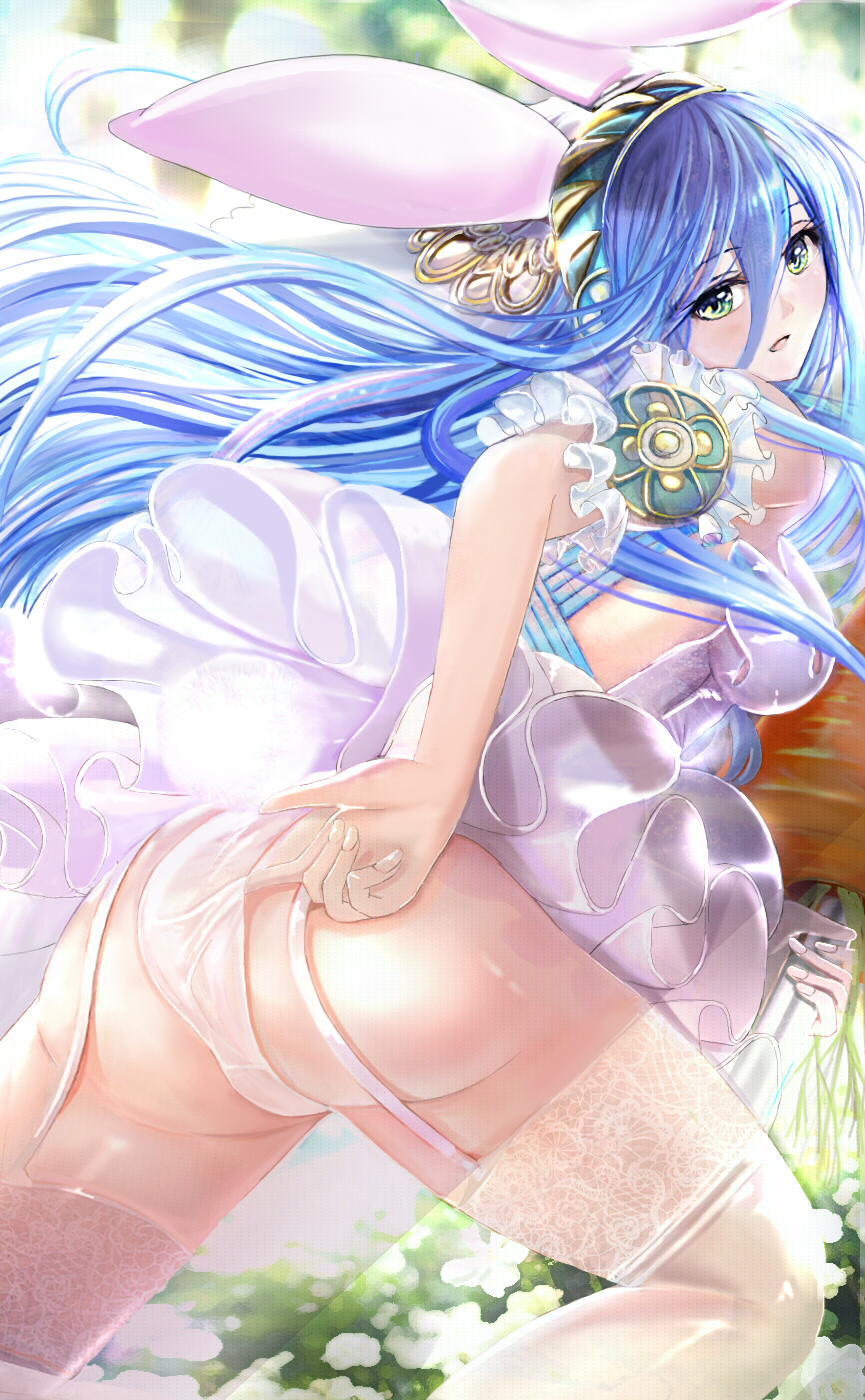 azura (fire emblem), blue hair, breasts, bunny, bunny ears, bunny girl, bunny suit, bunny tail, carrot, easter, easter bunny, female, fire emblem, fire emblem fates, fire emblem heroes, headgear, long hair, medium breasts, open mouth, panties, skirt, thighhighs, tongari