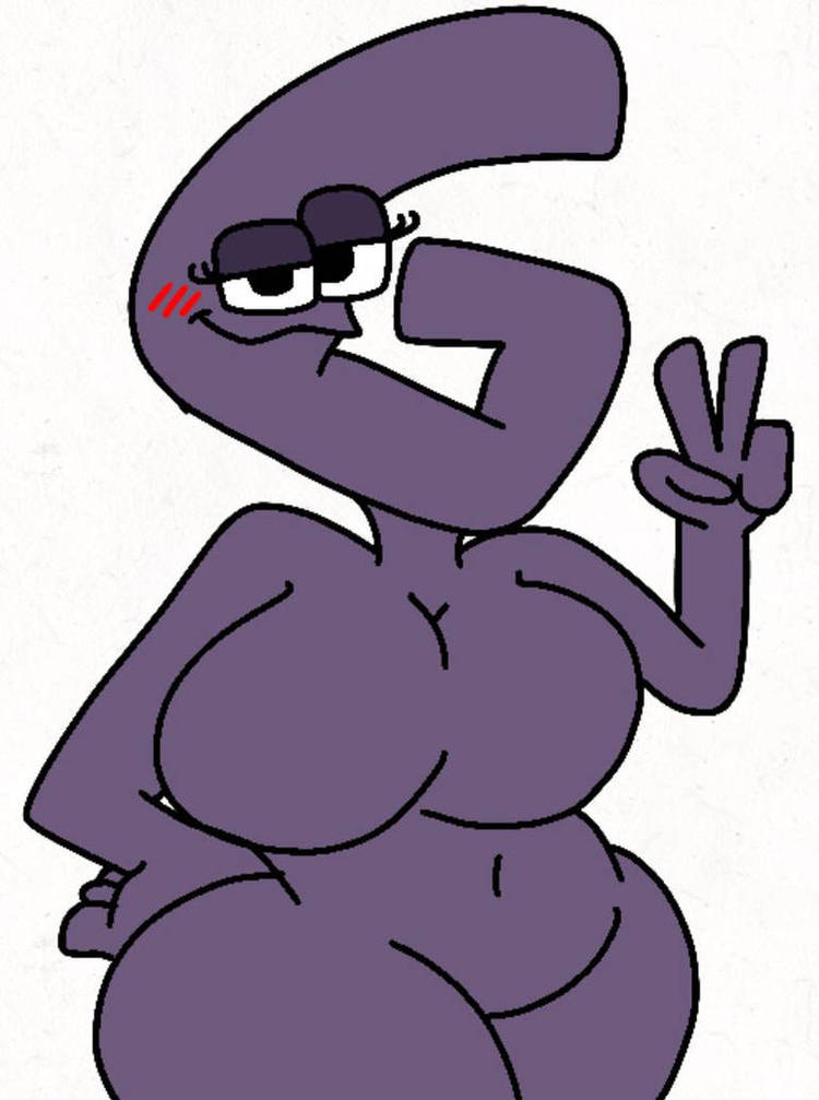 alphabet_(mike_salcedo) black_eyes blush breasts colored_skin cowboy_shot curvy featureless_breasts featureless_crotch female flat_colors g_(mike_salcedo) genderswap_(mtf) hand_on_own_hip hand_up huge_breasts large_breasts looking_at_viewer monochrome navel no_nipples nude purple_skin rule_63 ryanprisma3d simple_background solo standing thick_thighs thighs v white_background wide_hips