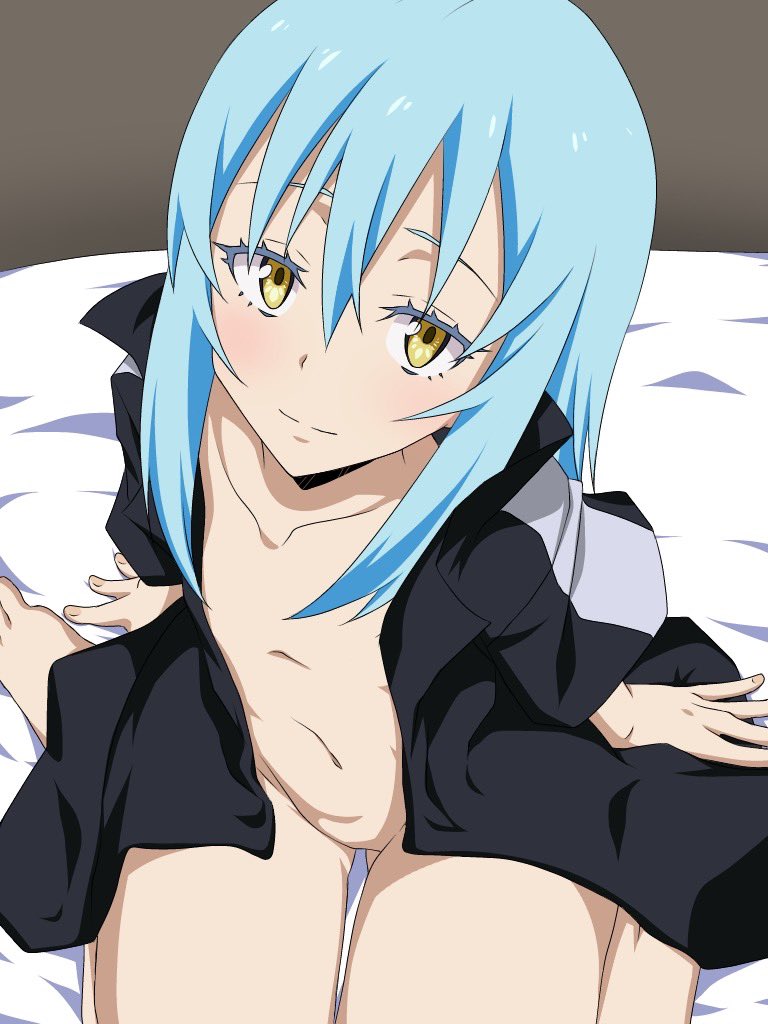 bed_sheet blue_hair looking_at_viewer otoko_no_ko rimuru_tempest rule_63 tagme tensei_shitara_slime_datta_ken that_time_i_got_reincarnated_as_a_slime yellow_eyes