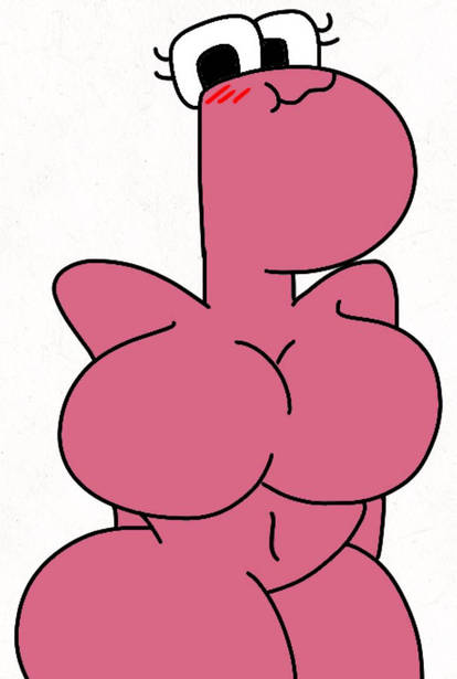 :3 alphabet_(mike_salcedo) arms_behind_back blush breasts colored_skin cowboy_shot featureless_breasts featureless_crotch female flat_colors huge_breasts large_breasts monochrome navel no_nipples nude p_(mike_salcedo) ryanprisma3d simple_background solo thighs white_background