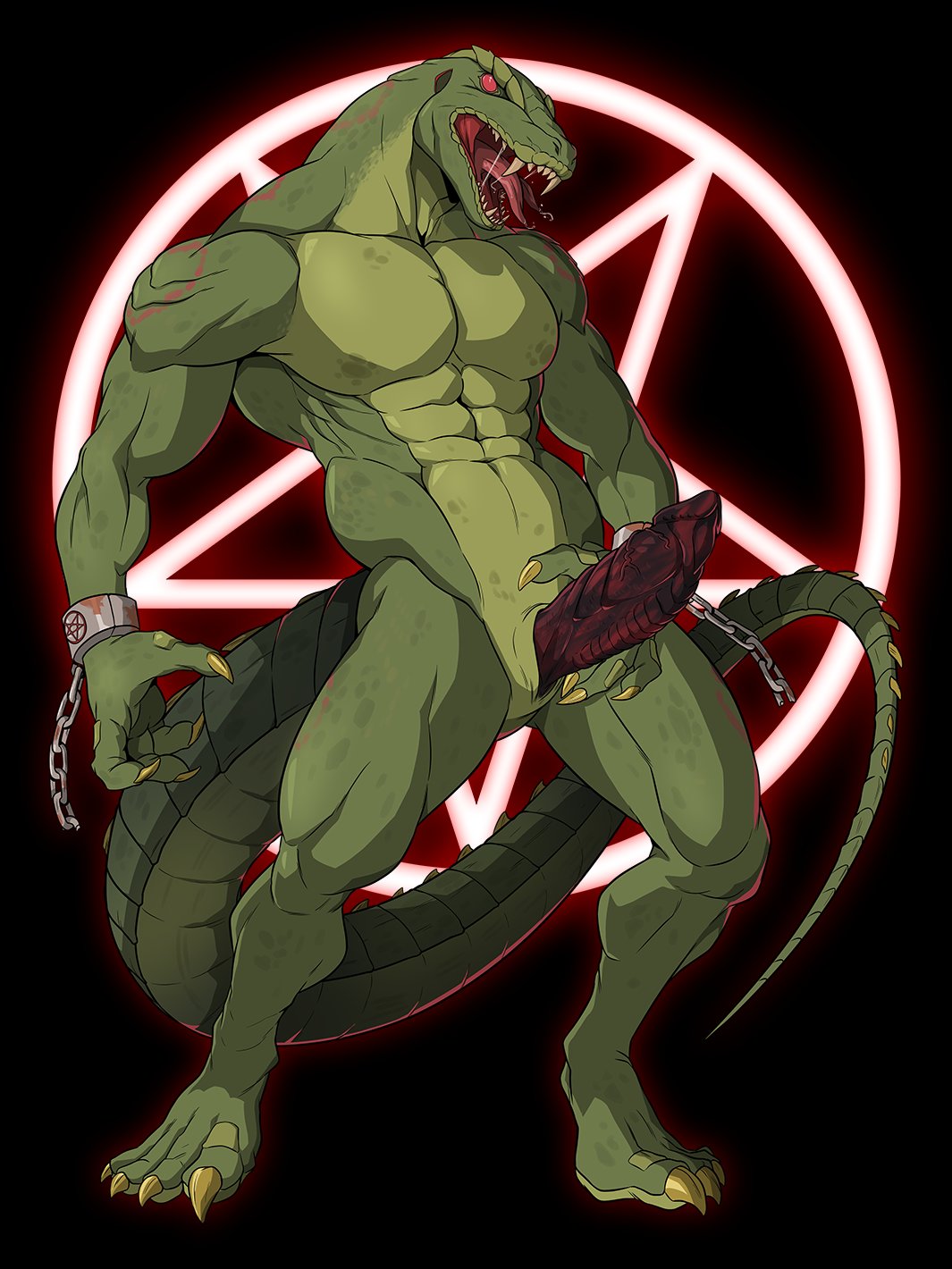 abs animal_genitalia anthro biped bodily_fluids chains claws erection fangs finger_claws genital_slit genitals hi_res male muscular muscular_anthro muscular_male saliva scalie standing tail teeth toe_claws tongue tongue_out vitamin_bara vitaminbara