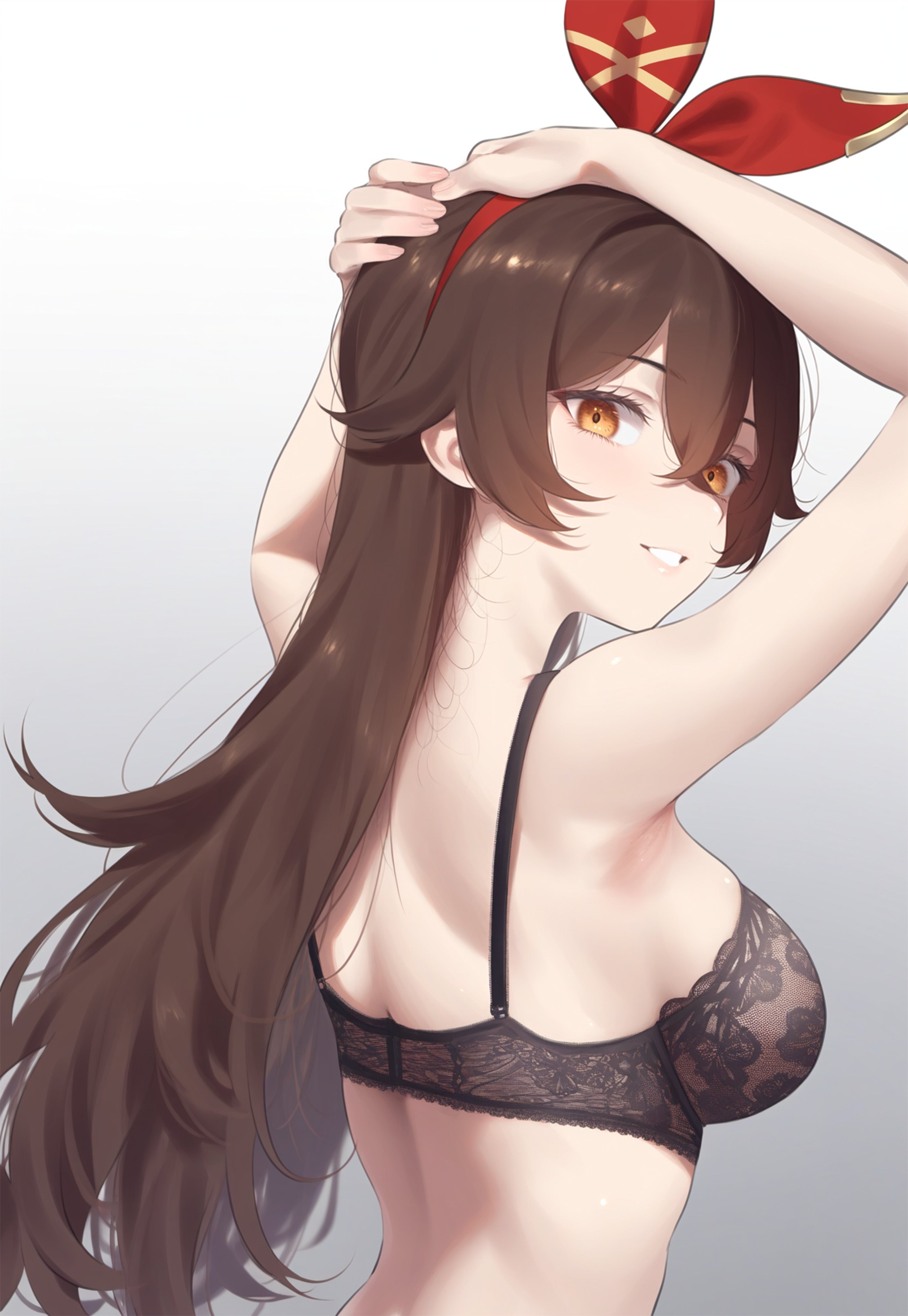 1girls, 2024, amber (genshin impact), back, back view, backboob, big breasts, black bra, bra, breasts, brown hair, female, female focus, female only, genshin impact, grey background, high resolution, highres, hourglass figure, light skin, light-skinned female, long hair, looking at viewer, mehlyru, ribbon, ribbon in hair, simple background, smiling, smiling at viewer, solo, solo female, solo focus, standing, young, younger female