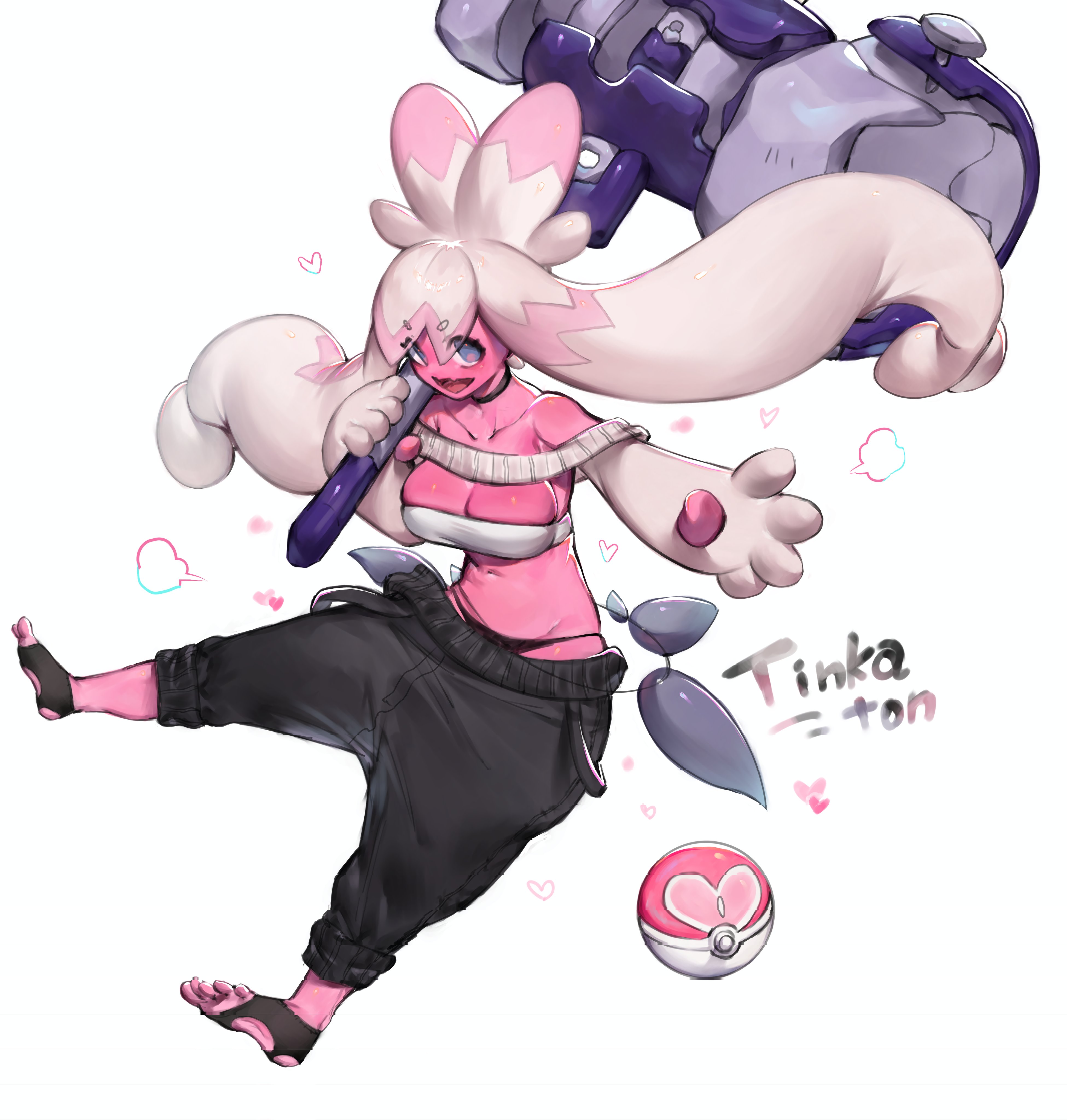 1girls, absurd res, anthro, clothing, female, female only, generation 9 pokemon, hammer, looking at viewer, nintendo, pink body, pokémon (species), pokeball, pokemon, pokemon (species), smile, smiling at viewer, solo, text, tinkaton, toeless footwear, toge77789, togetoge, white background